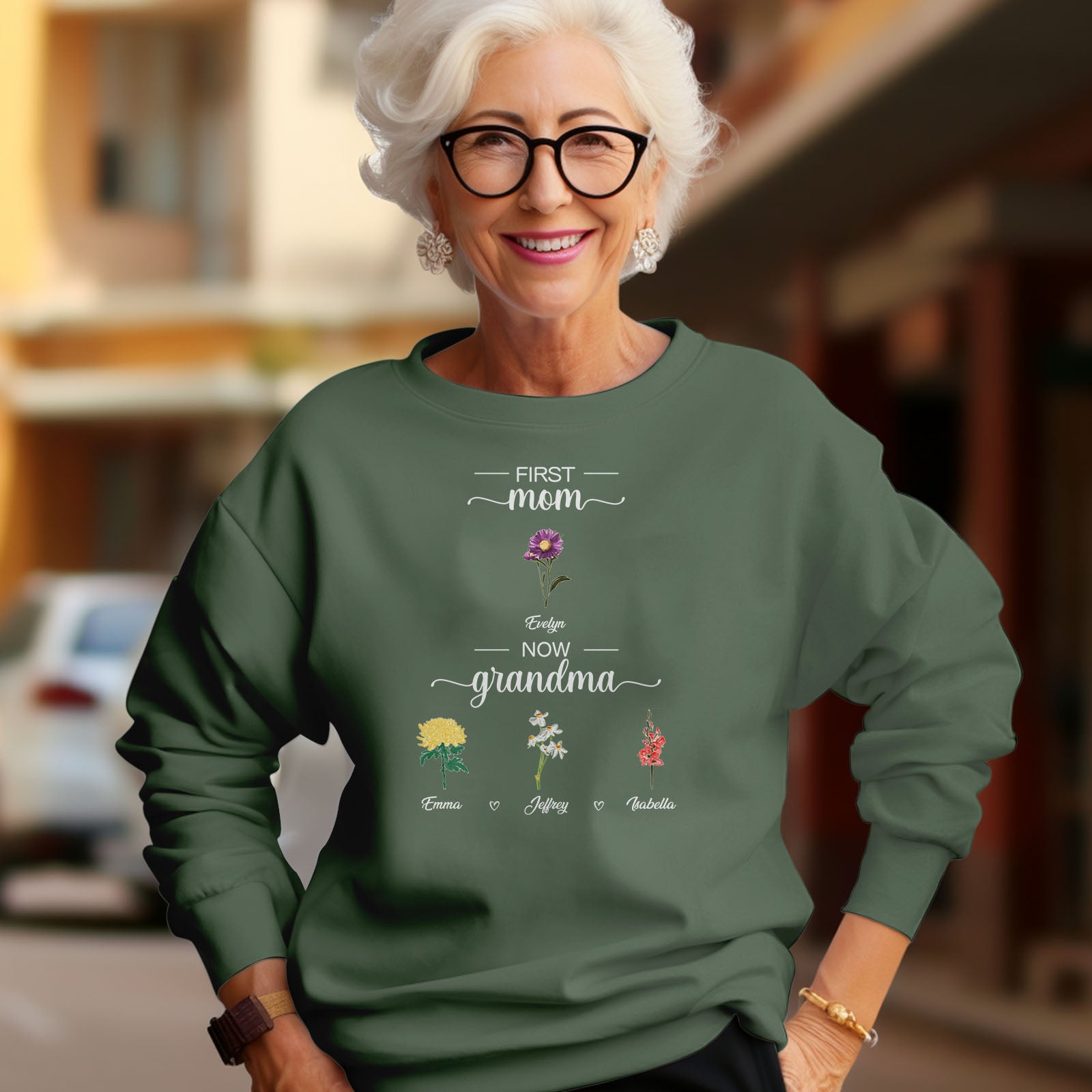 Personalised First Mom Now Grandma Sweatshirt Custom Birth Flowers Sweatshirts for Mother's Day Gift