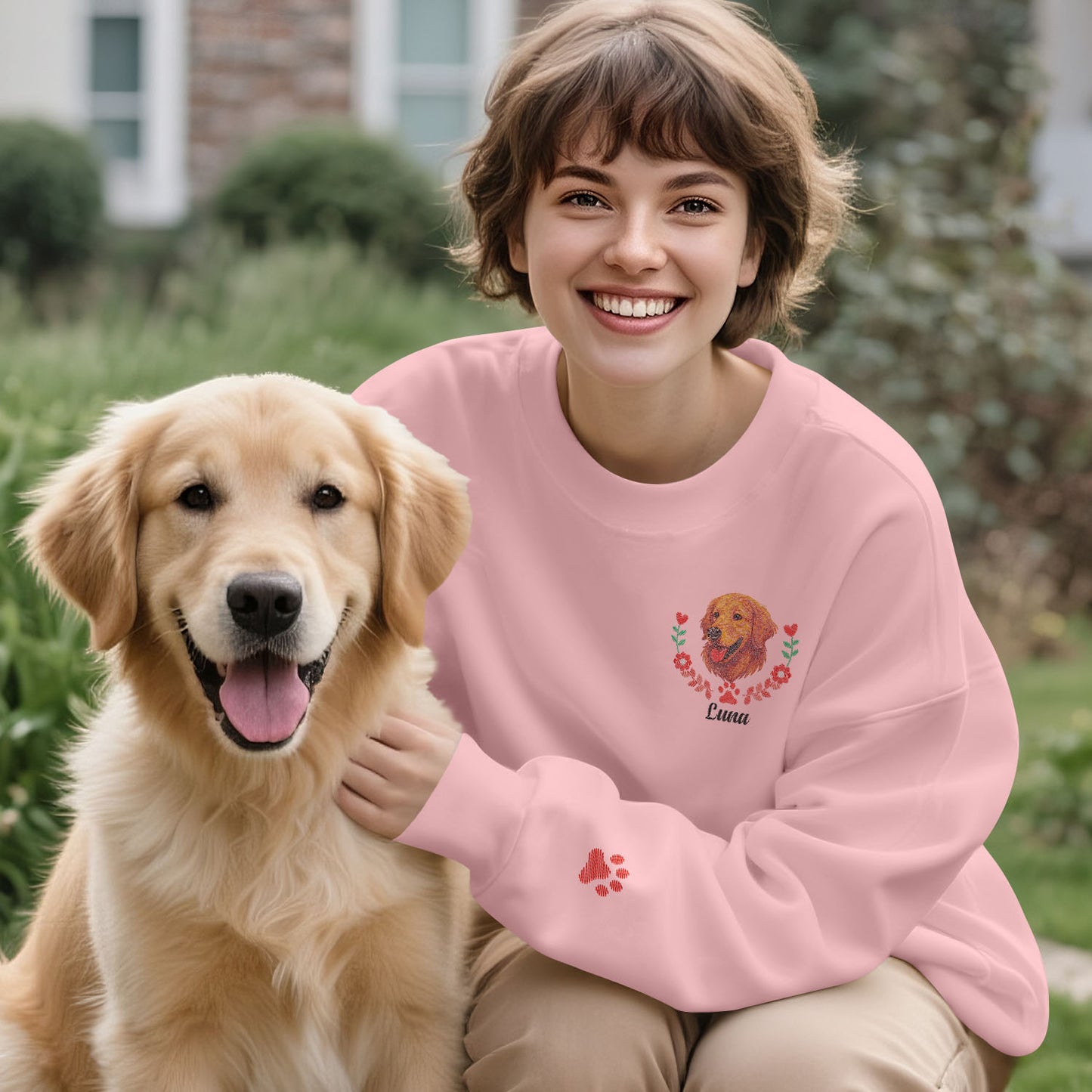 Custom Embroidered-Style Pet Sweatshirt – Personalised Pullover with Pet Name & Wreath