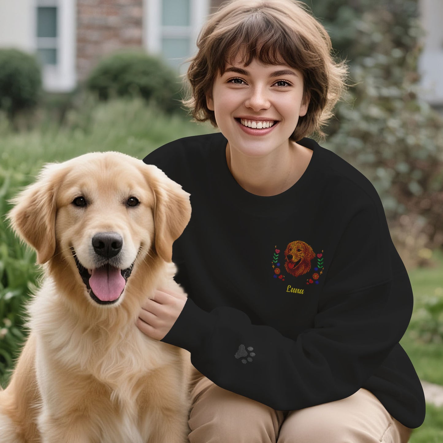 Custom Embroidered-Style Pet Sweatshirt – Personalised Pullover with Pet Name & Wreath