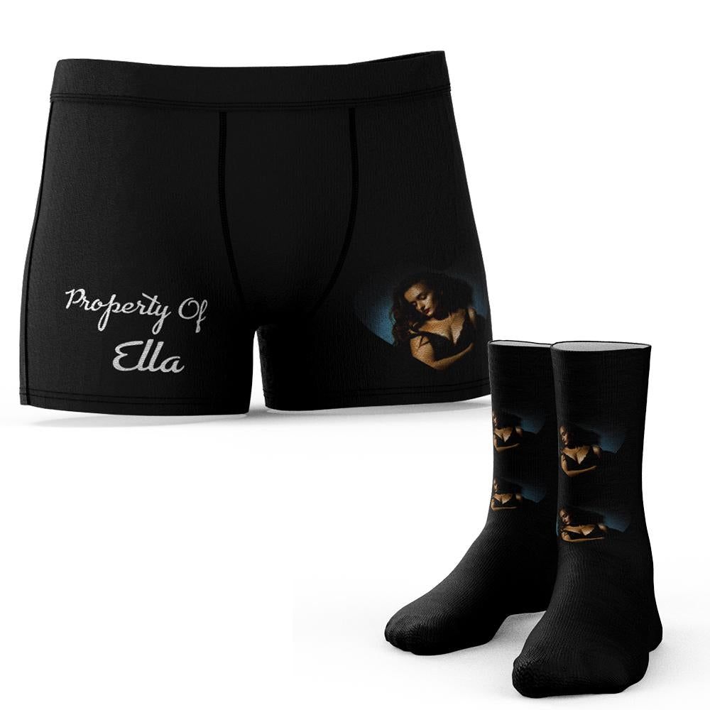 Custom Face Photo Engraving Underwear and Socks Set Love Heart Boxer Shorts Valentine's Day