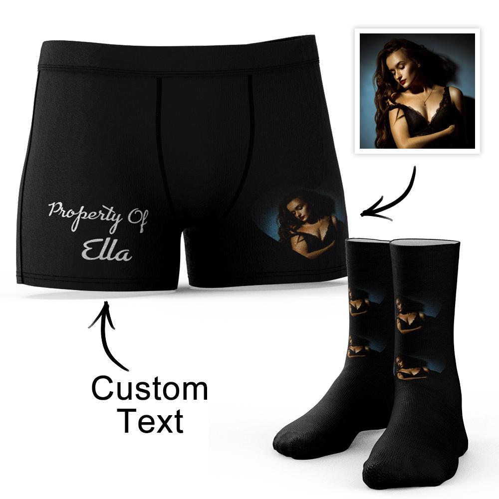 Custom Face Photo Engraving Underwear and Socks Set Love Heart Boxer Shorts Valentine's Day