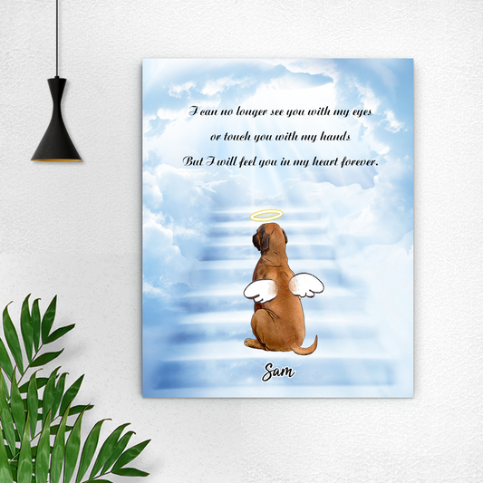 Poster of a dog with angel wings and a halo against a blue sky with clouds, on a white wall.