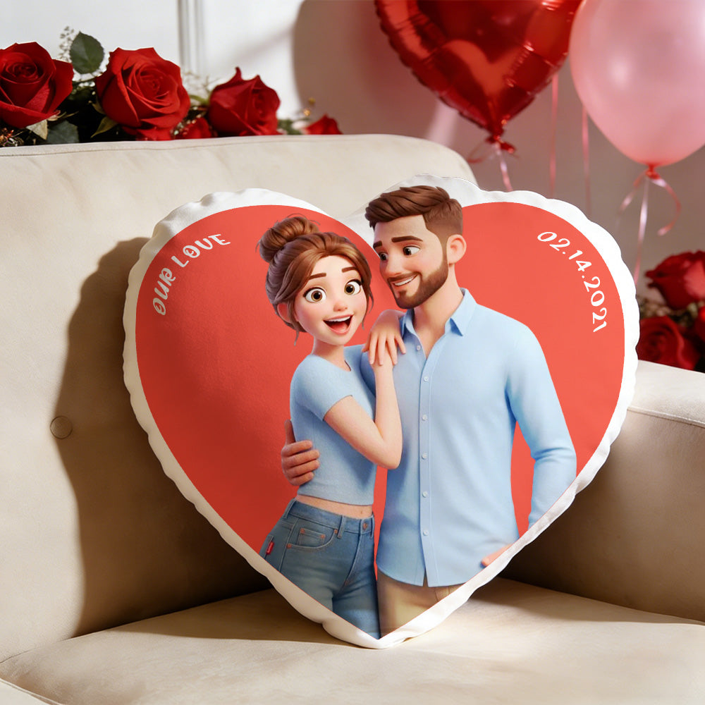 Heart-shaped pillow with cartoon couple and 'Our Love' text on a couch with balloons and roses.