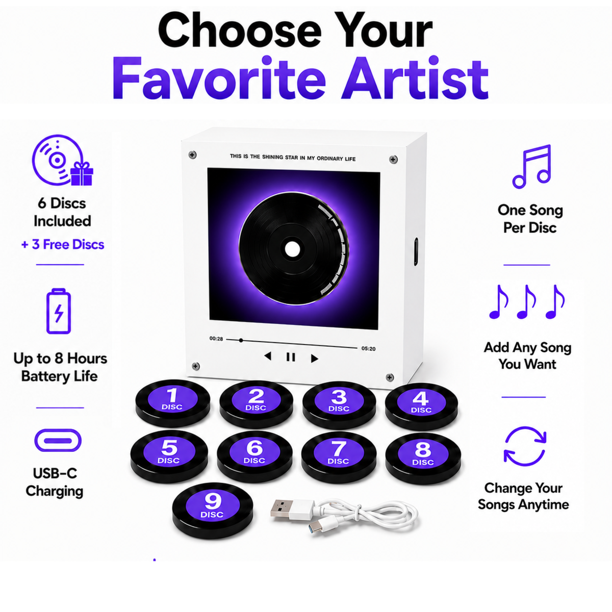 Custom Mini Vinyl Record Player with 9 Magnetic Discs, Personalised Music Gift for Couples, Anniversary Memories (Production time 1-2 weeks)