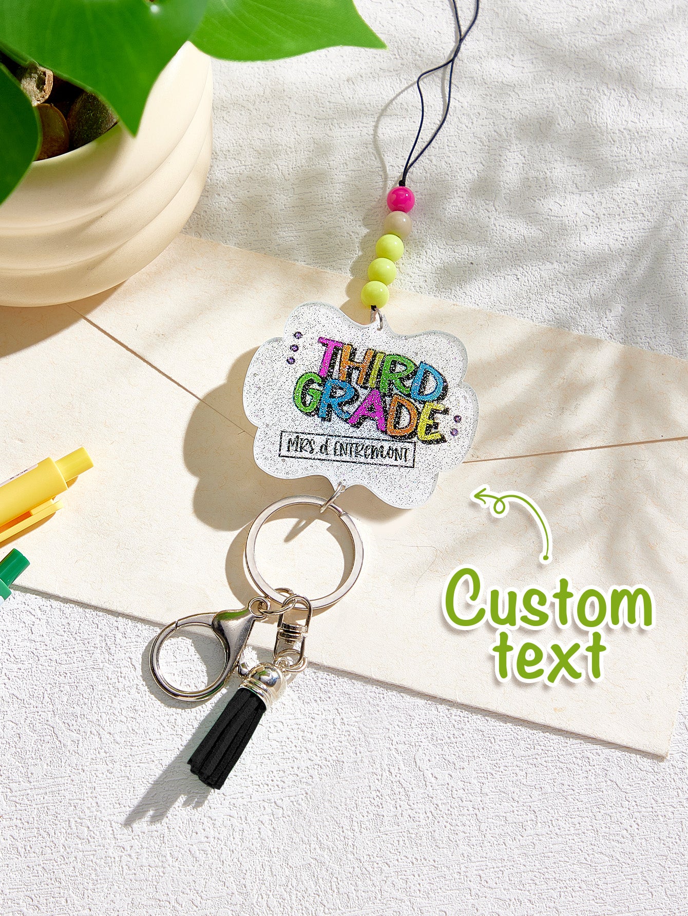 Personalised Glitter Acrylic Beaded Tassel Lanyard with Name Back to School Gift for Teacher