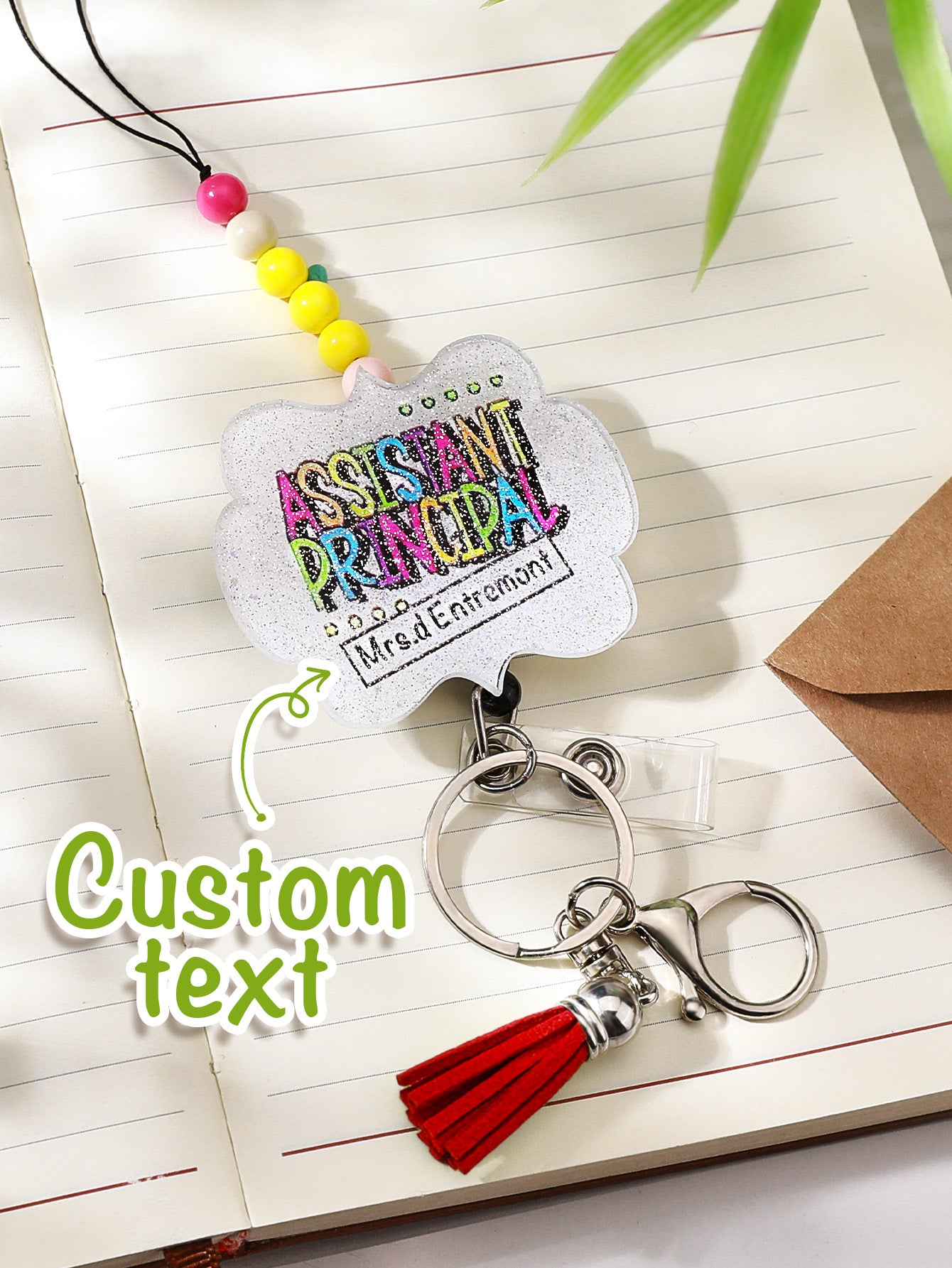 Personalised Glitter Acrylic Beaded Tassel Lanyard with Name Back to School Gift for Teacher