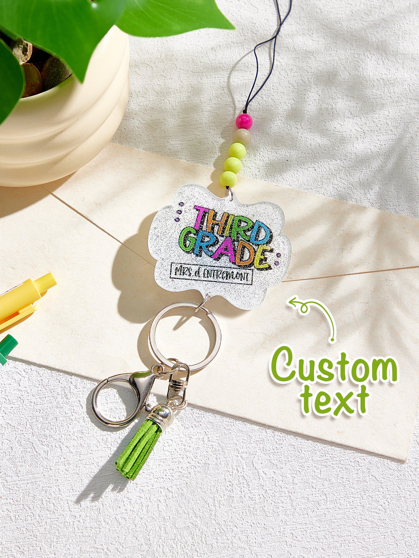 Personalised Glitter Acrylic Beaded Tassel Lanyard with Name Back to School Gift for Teacher