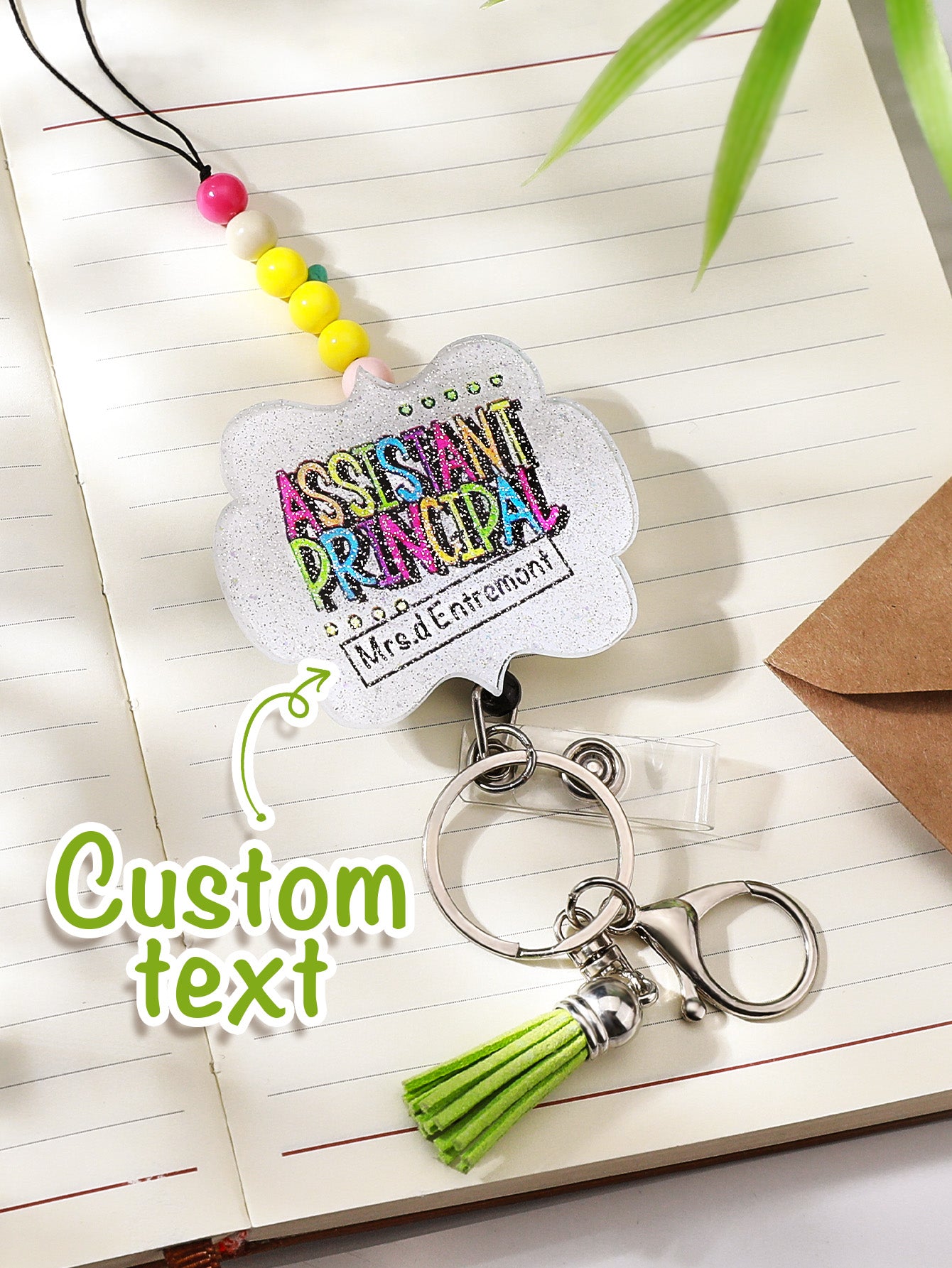Personalised Glitter Acrylic Beaded Tassel Lanyard with Name Back to School Gift for Teacher