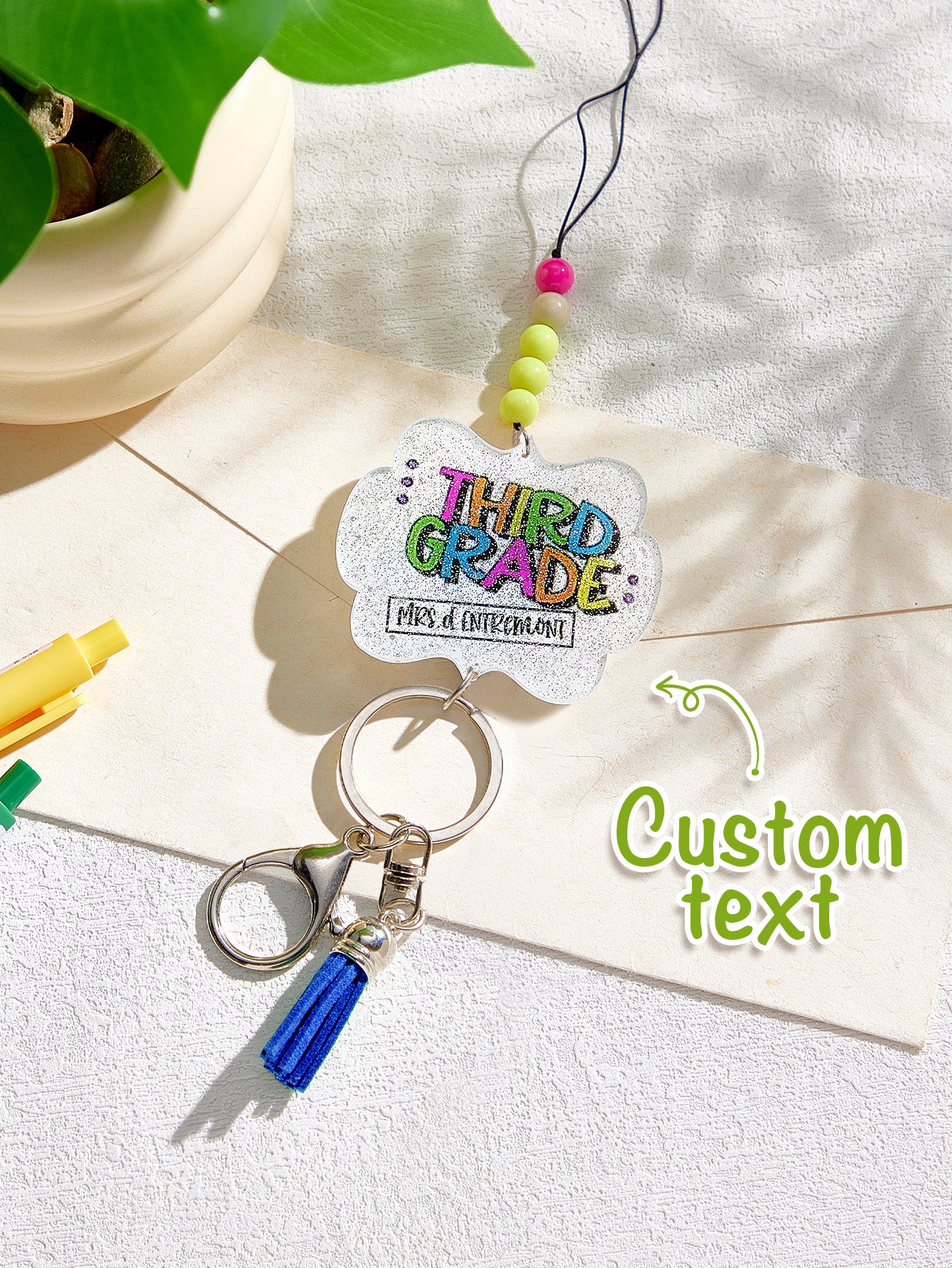 Personalised Glitter Acrylic Beaded Tassel Lanyard with Name Back to School Gift for Teacher