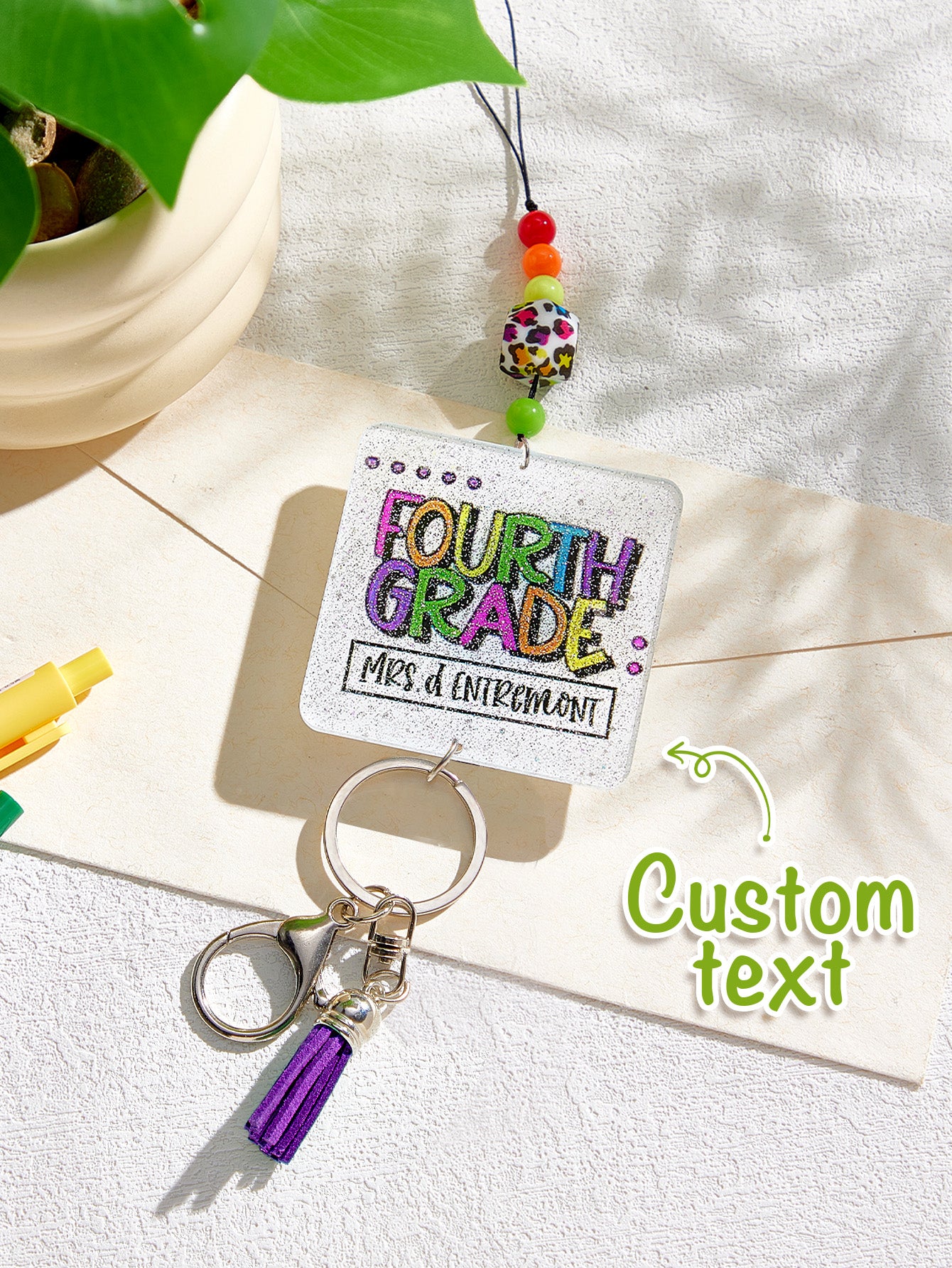 Personalised Glitter Acrylic Beaded Tassel Lanyard with Name Back to School Gift for Teacher