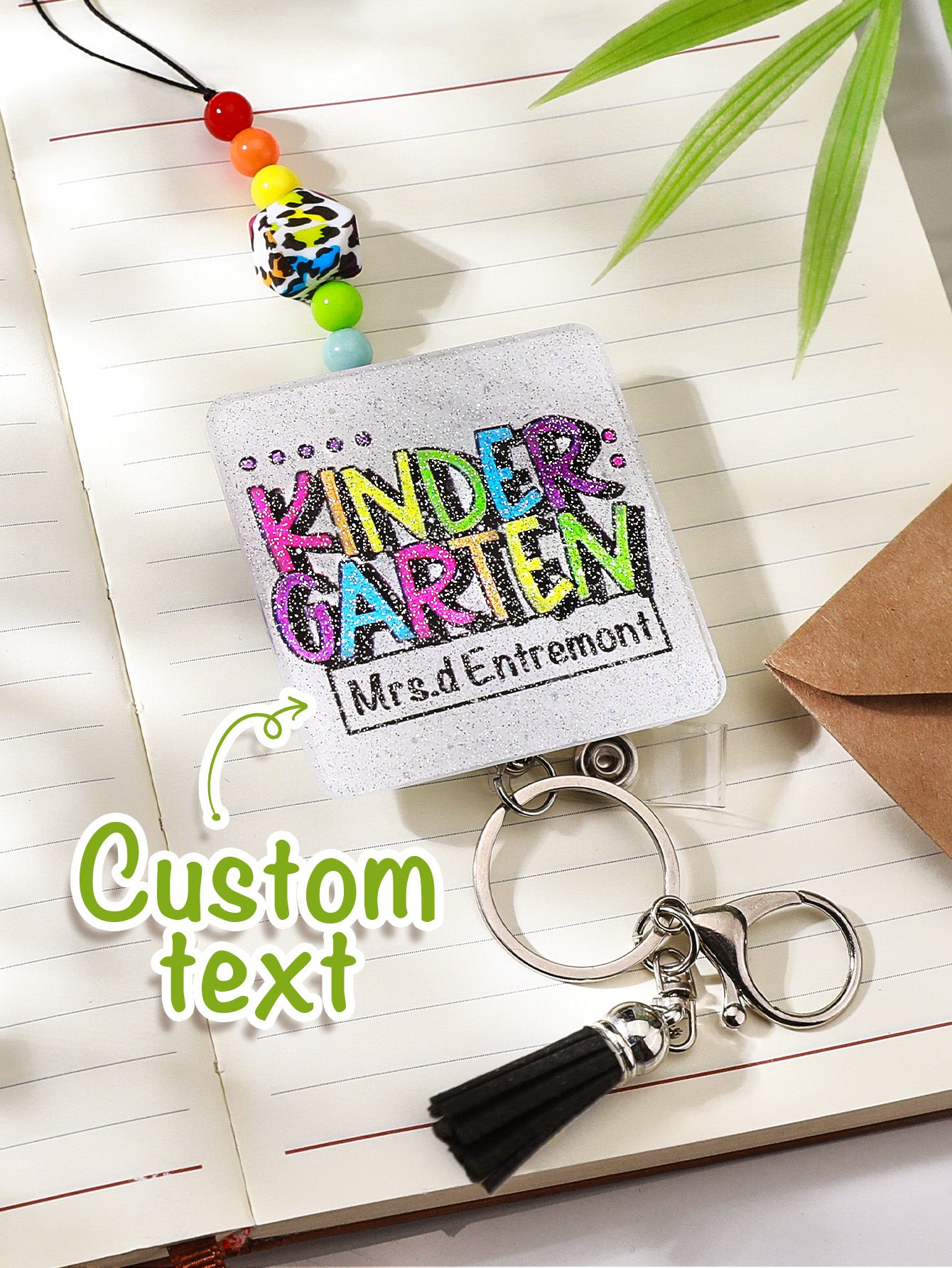 Personalised Glitter Acrylic Beaded Tassel Lanyard with Name Back to School Gift for Teacher