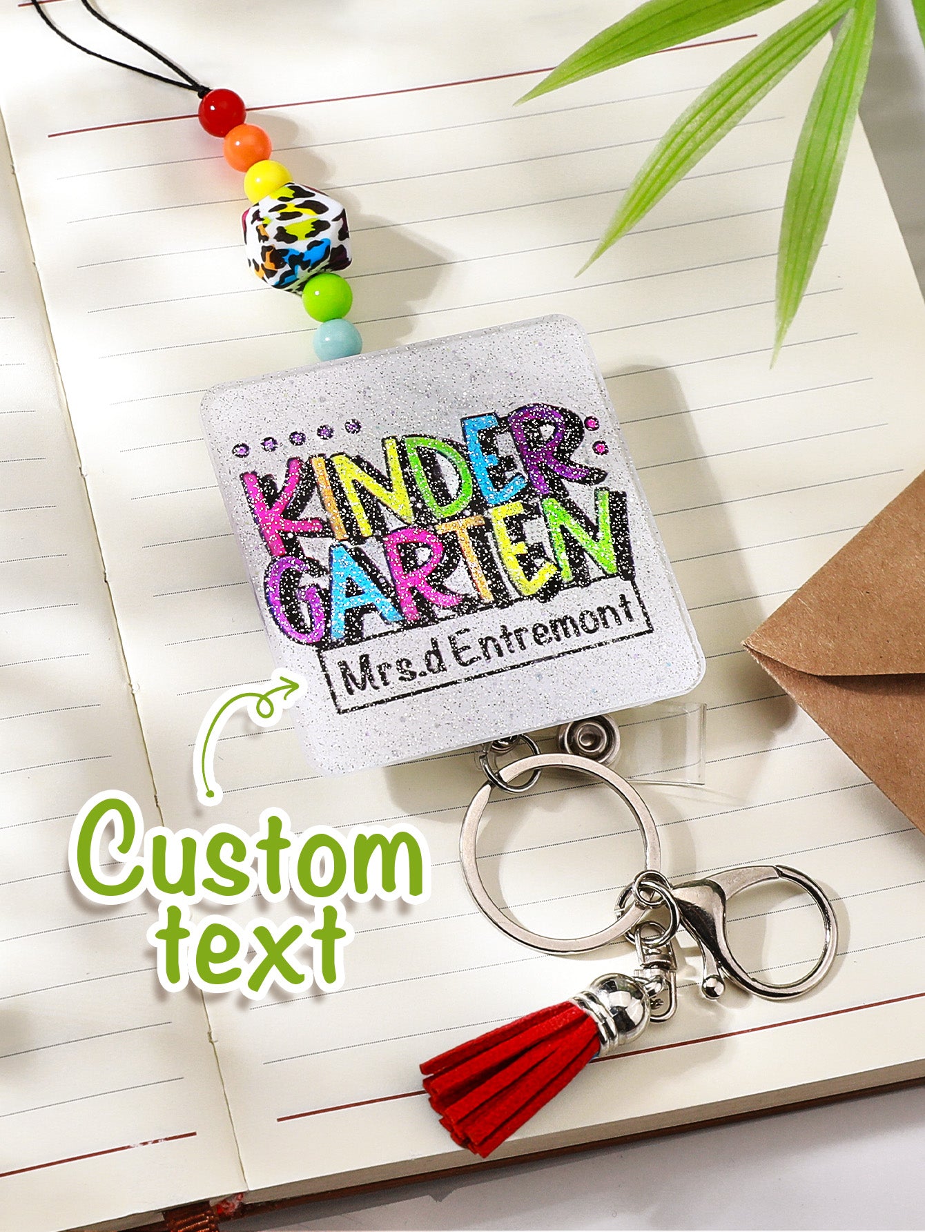 Personalised Glitter Acrylic Beaded Tassel Lanyard with Name Back to School Gift for Teacher