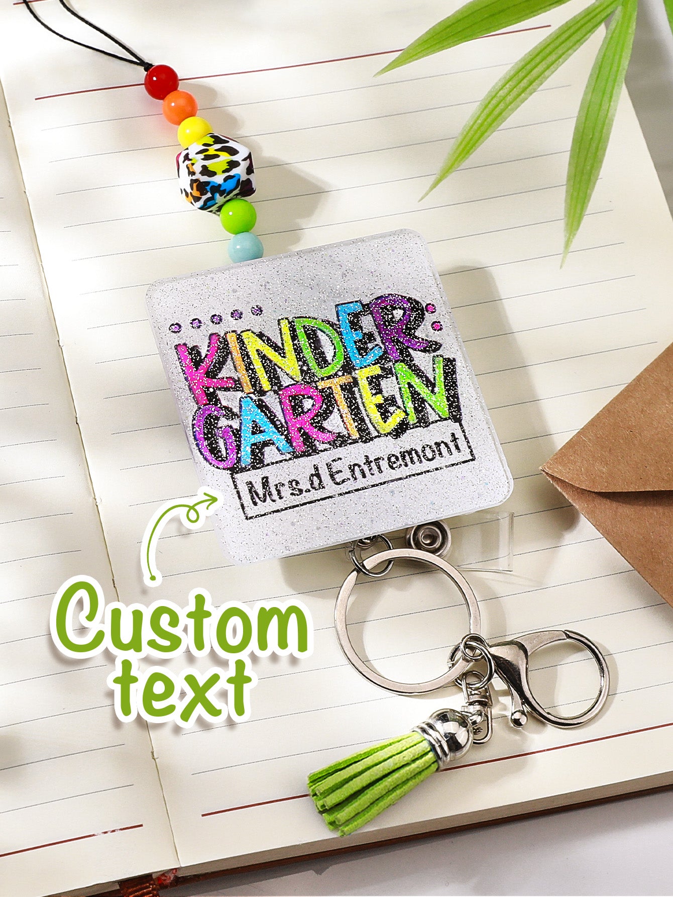 Personalised Glitter Acrylic Beaded Tassel Lanyard with Name Back to School Gift for Teacher