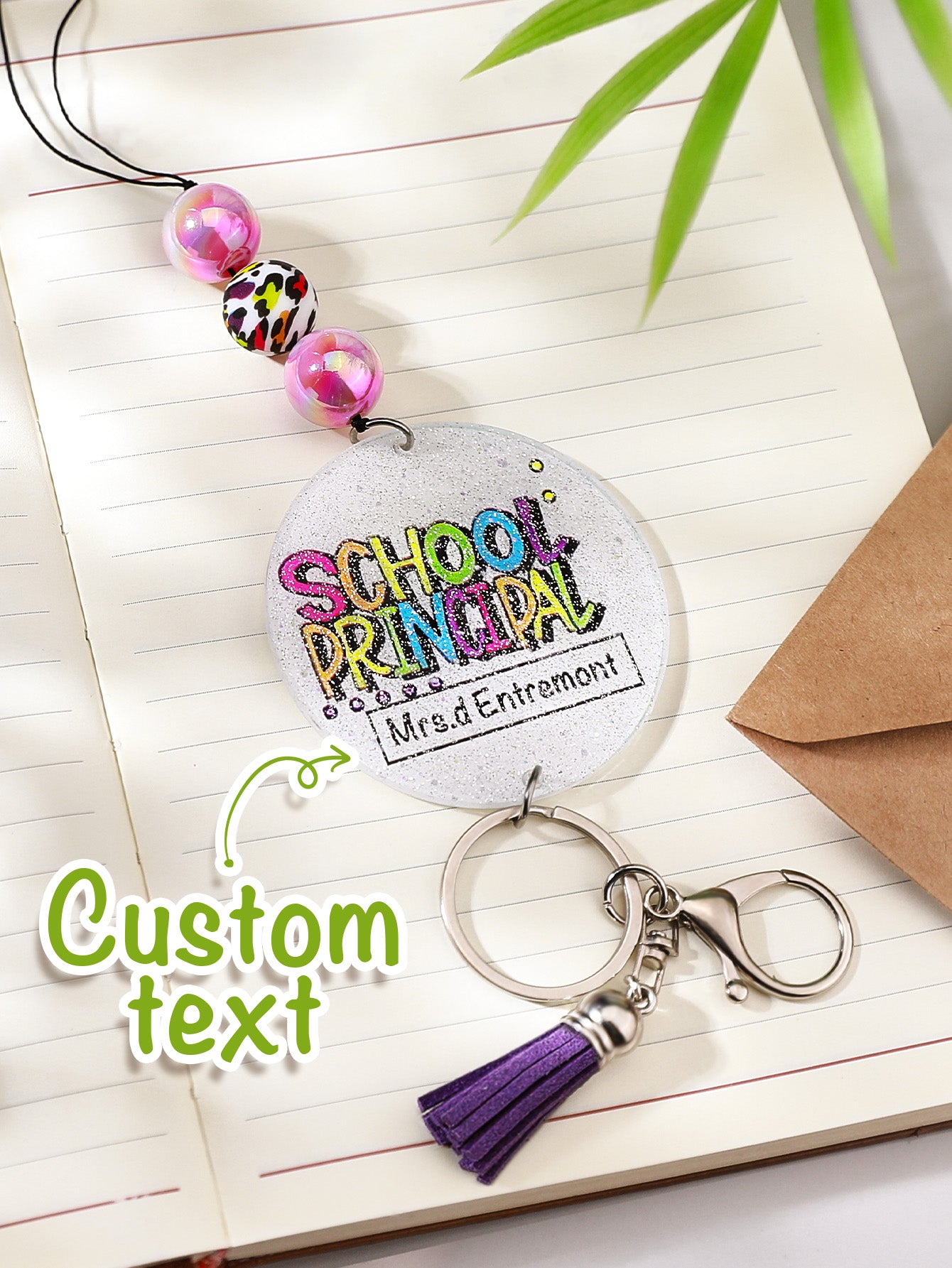 Personalised Glitter Acrylic Beaded Tassel Lanyard with Name Back to School Gift for Teacher