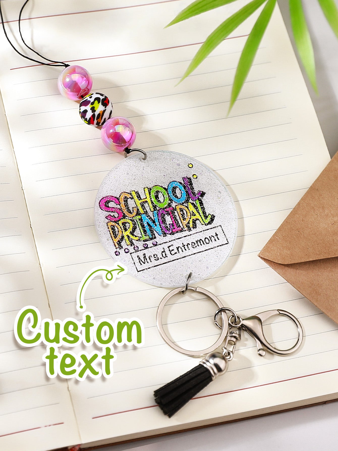 Personalised Glitter Acrylic Beaded Tassel Lanyard with Name Back to School Gift for Teacher