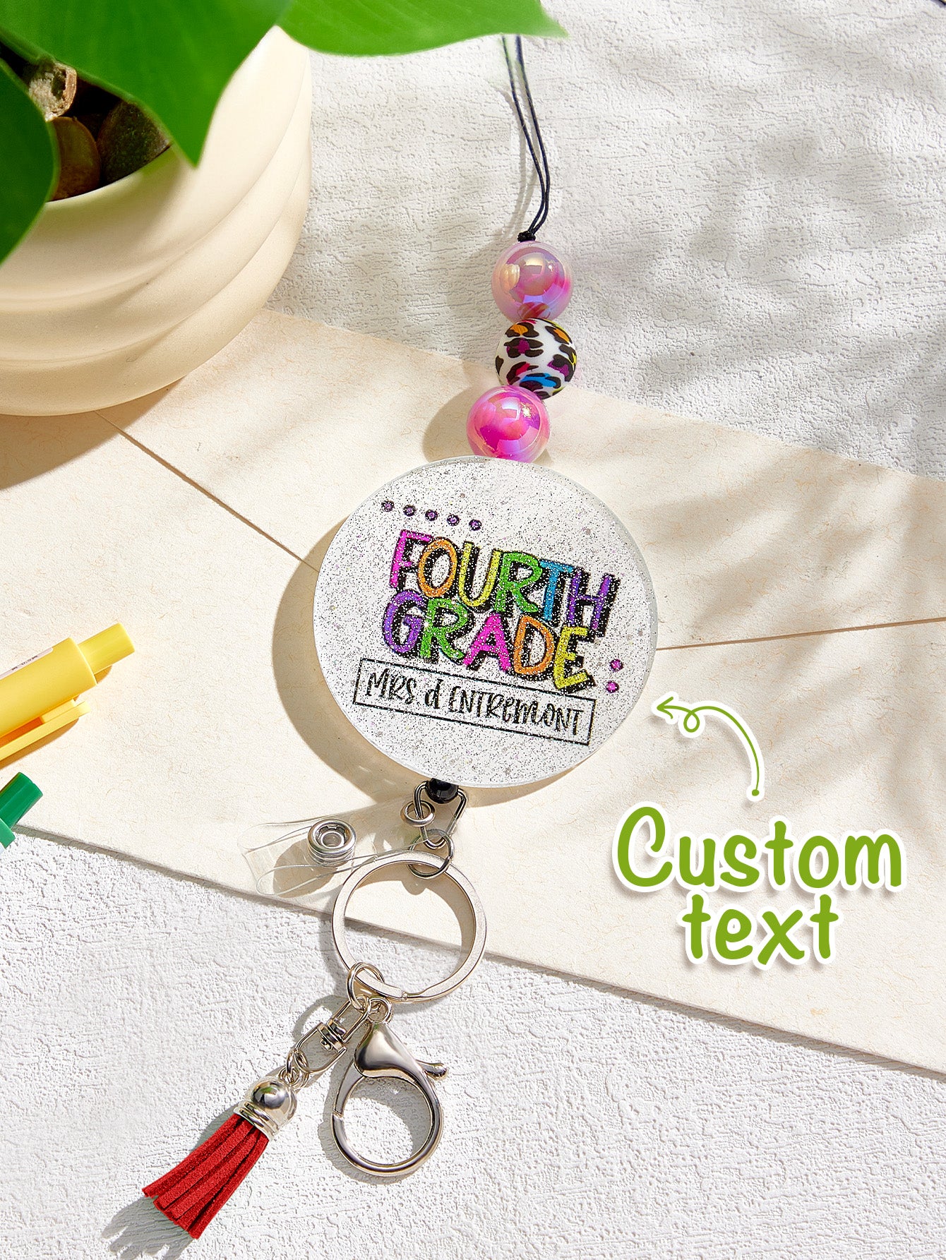 Personalised Glitter Acrylic Beaded Tassel Lanyard with Name Back to School Gift for Teacher