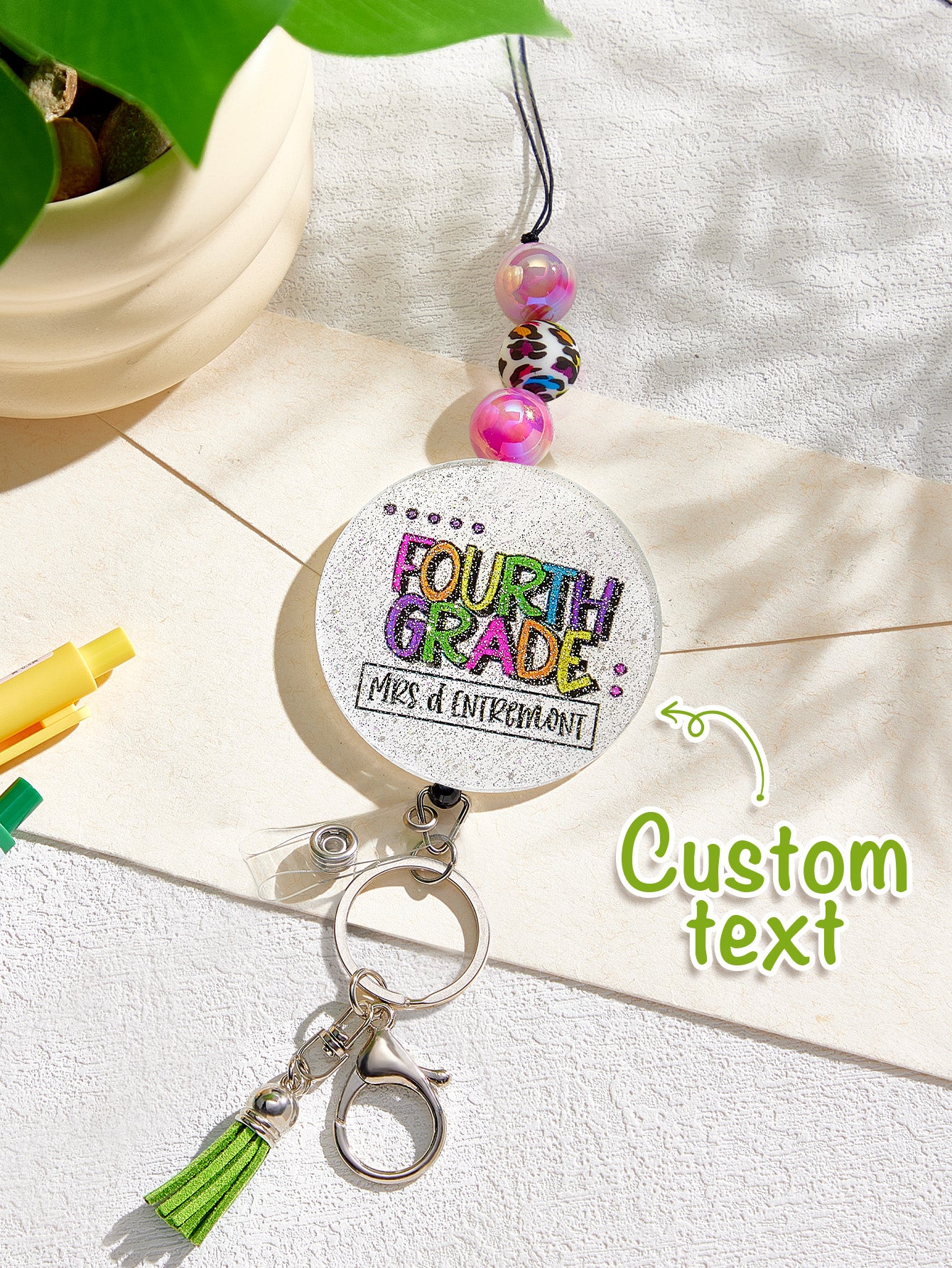 Personalised Glitter Acrylic Beaded Tassel Lanyard with Name Back to School Gift for Teacher