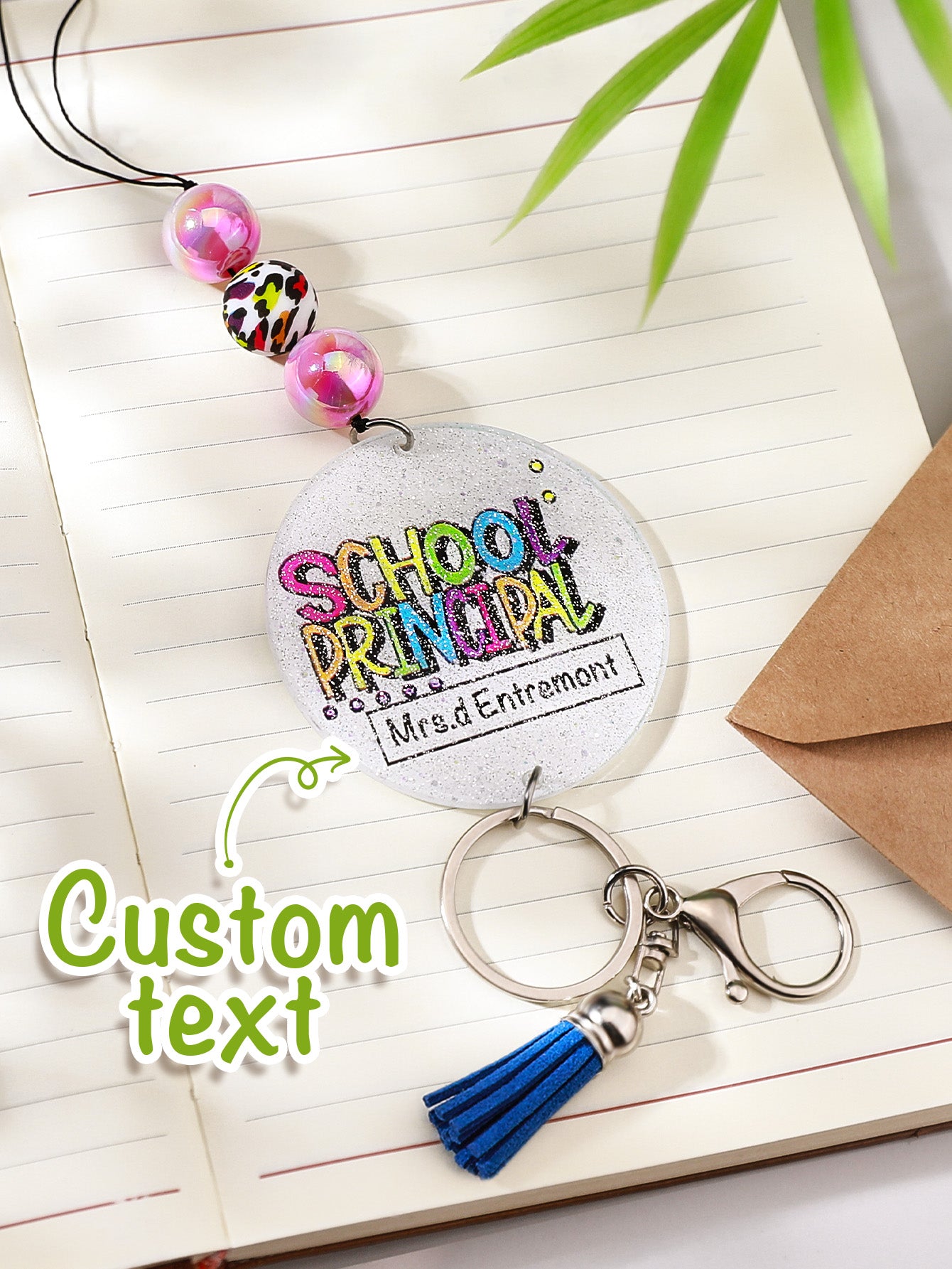 Personalised Glitter Acrylic Beaded Tassel Lanyard with Name Back to School Gift for Teacher