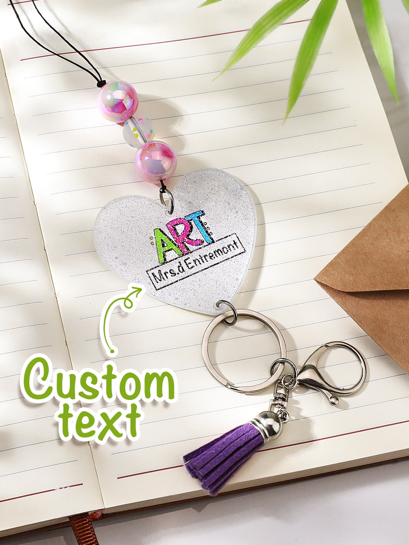 Personalised Glitter Acrylic Beaded Tassel Lanyard with Name Back to School Gift for Teacher