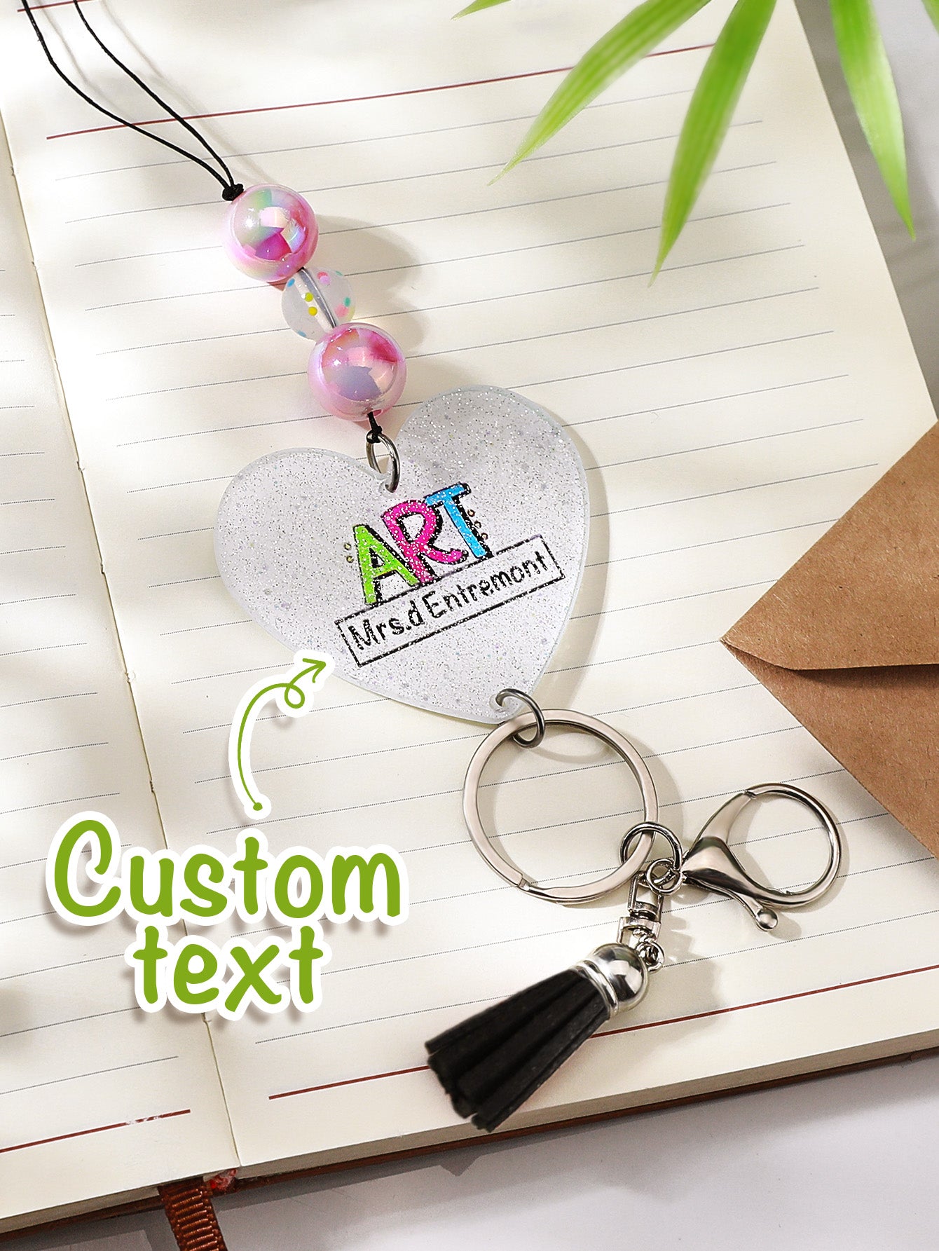Personalised Glitter Acrylic Beaded Tassel Lanyard with Name Back to School Gift for Teacher