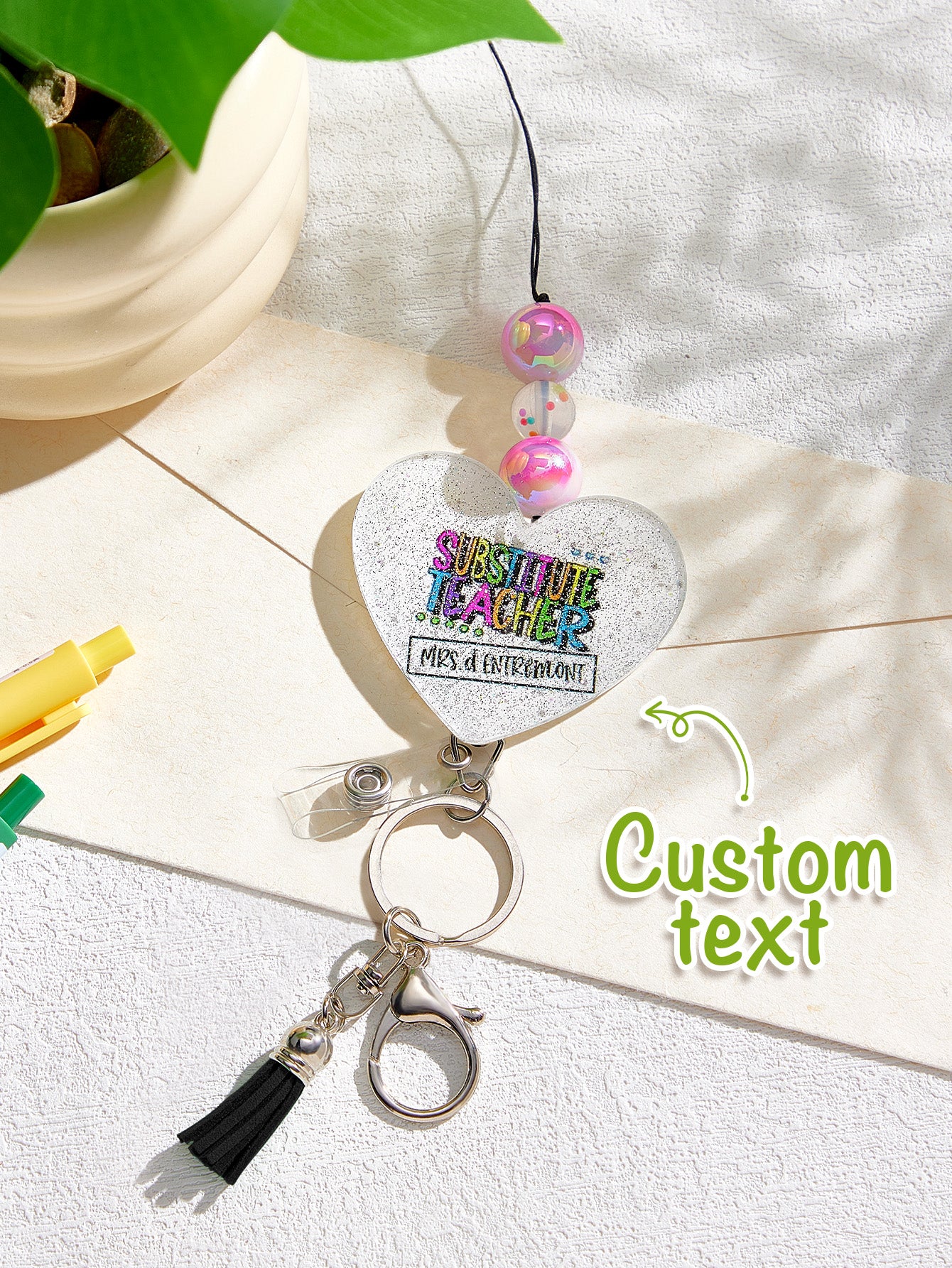 Personalised Glitter Acrylic Beaded Tassel Lanyard with Name Back to School Gift for Teacher