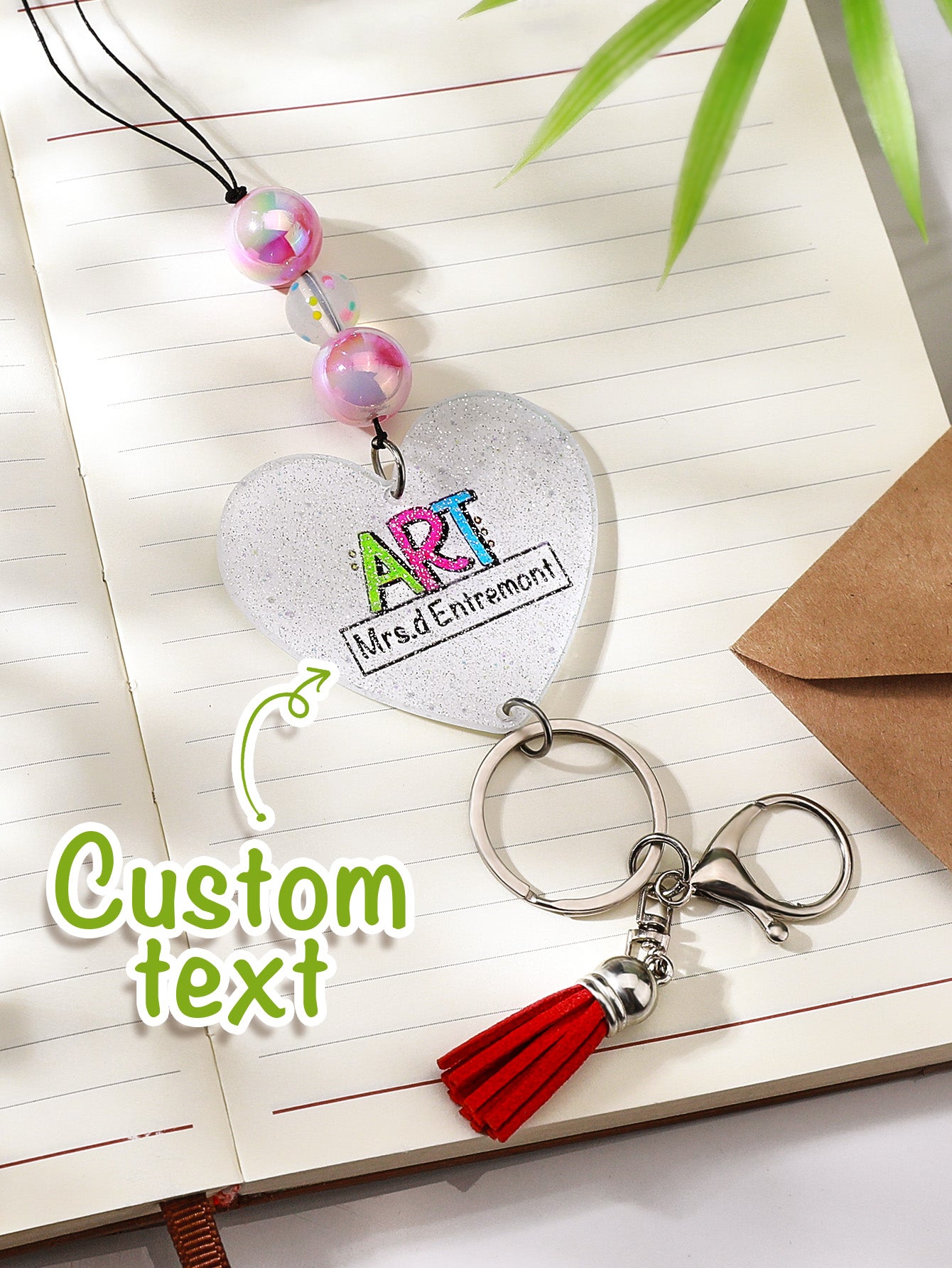 Personalised Glitter Acrylic Beaded Tassel Lanyard with Name Back to School Gift for Teacher