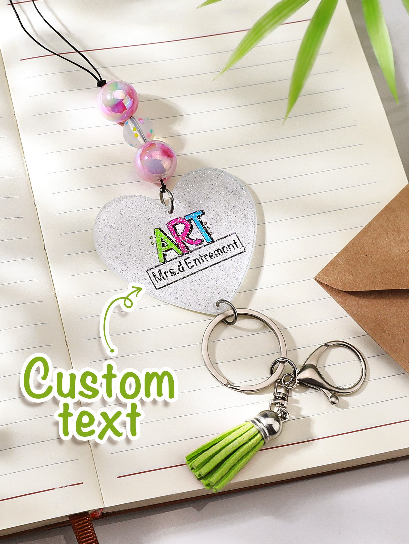 Personalised Glitter Acrylic Beaded Tassel Lanyard with Name Back to School Gift for Teacher