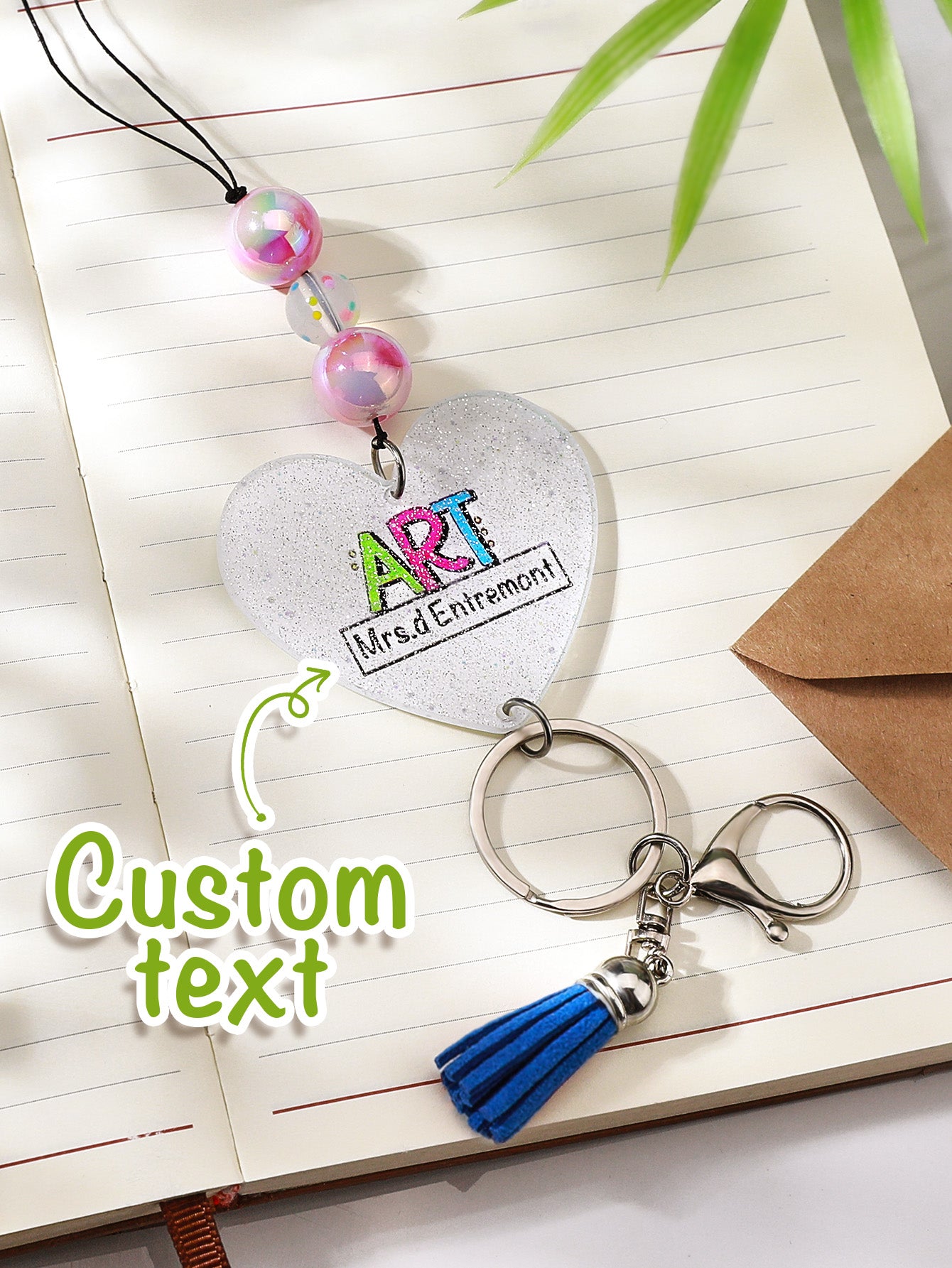 Personalised Glitter Acrylic Beaded Tassel Lanyard with Name Back to School Gift for Teacher