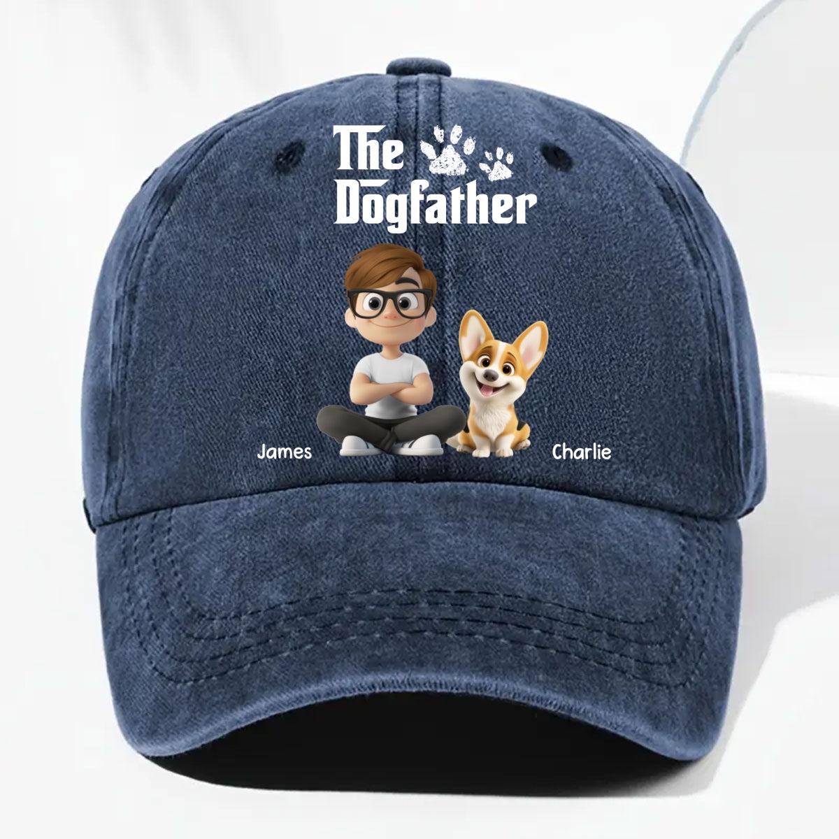 Gray cap with 'The Dogfather' design featuring a cartoon boy and dog, on a white background.