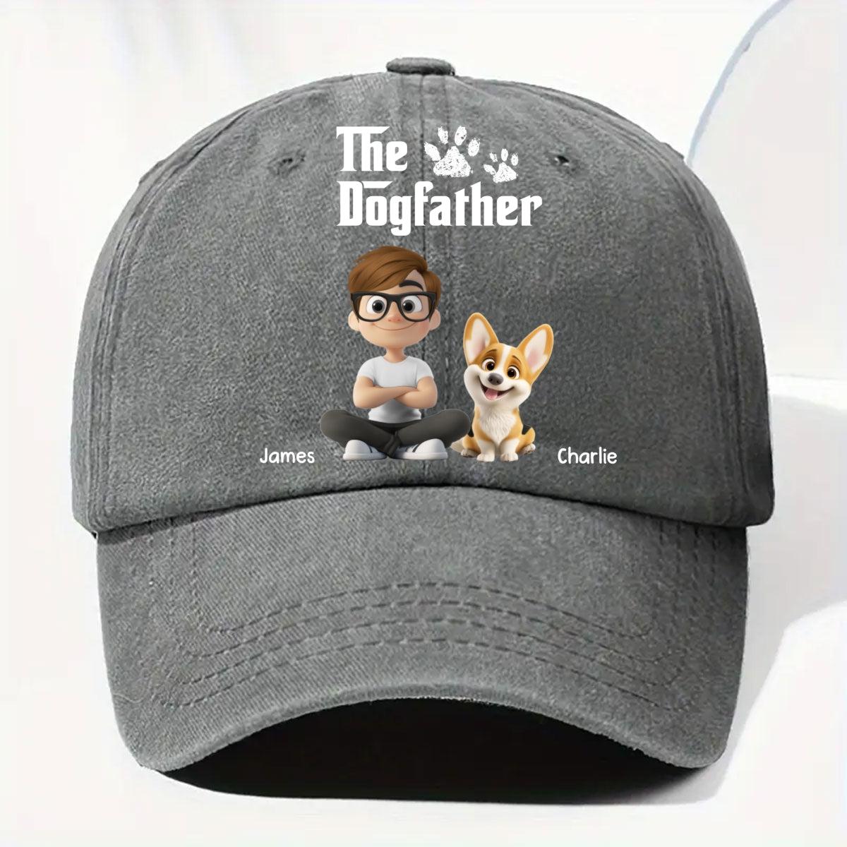 Gray cap with 'The Dogfather' design featuring a cartoon boy and dog on a white background