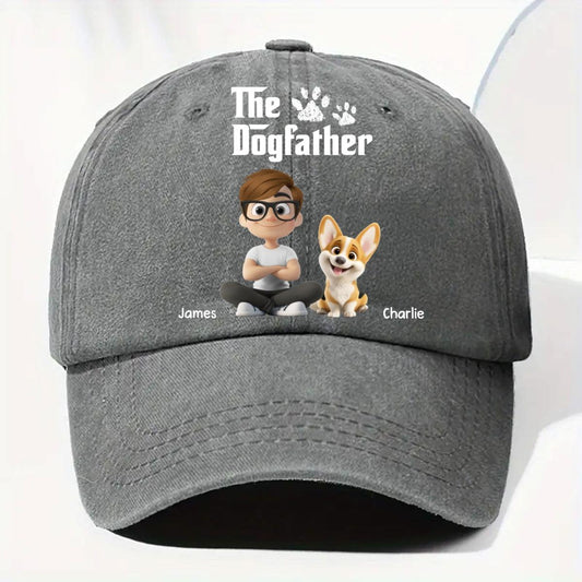Gray cap with 'The Dogfather' design featuring a cartoon boy and dog on a white background