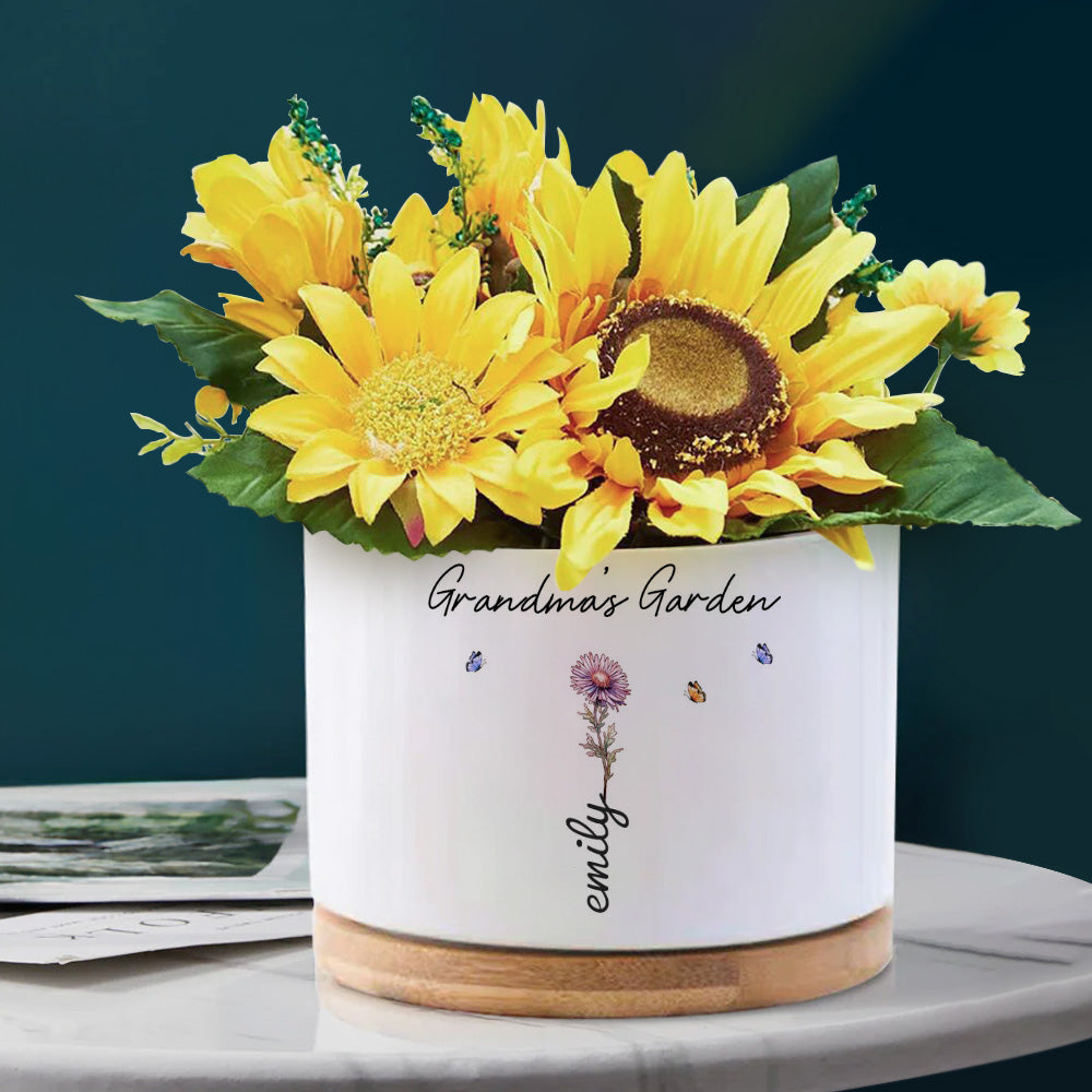 Custom Ceramic Flower Pot with Birth Flower and Name – Personalised Planter Gift