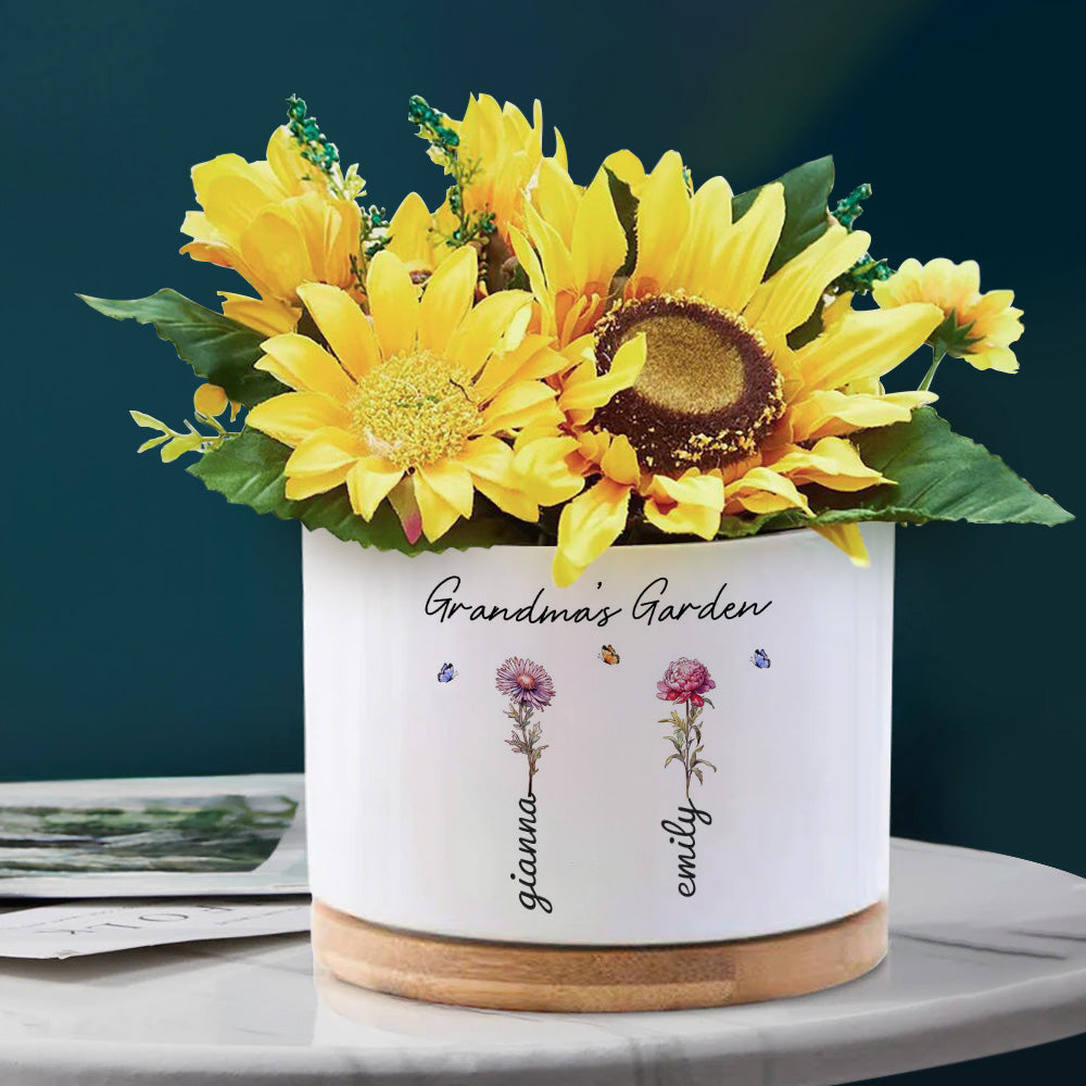 Custom Ceramic Flower Pot with Birth Flower and Name – Personalised Planter Gift