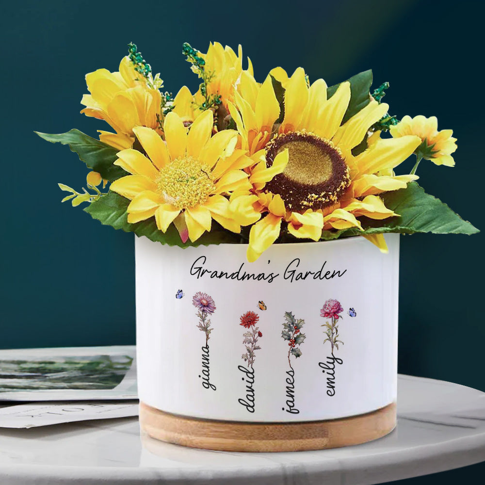 Custom Ceramic Flower Pot with Birth Flower and Name – Personalised Planter Gift