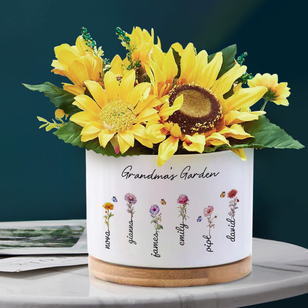 Custom Ceramic Flower Pot with Birth Flower and Name – Personalised Planter Gift