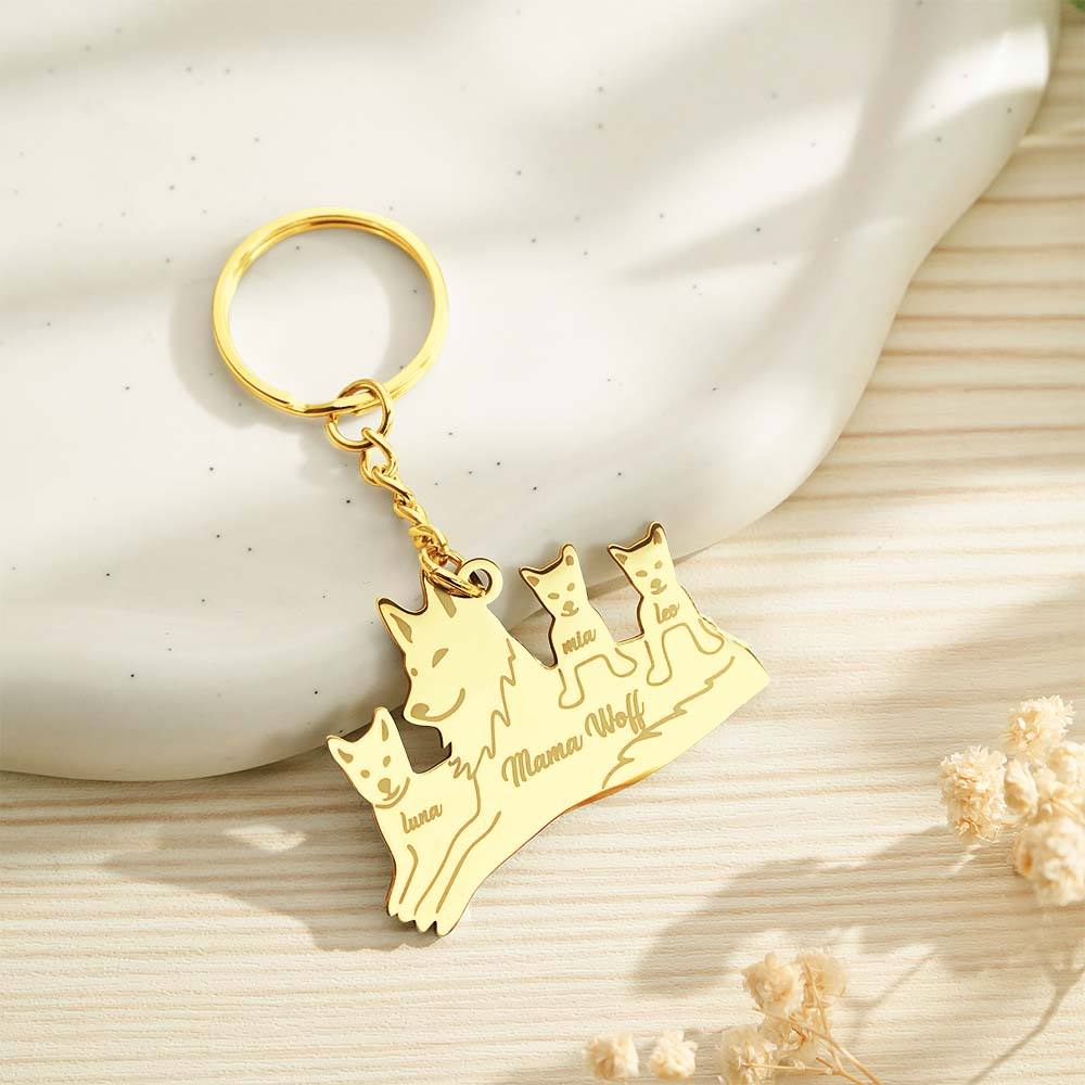 Personalised Wolf Keychain with Engraved Family Names Gift for Family