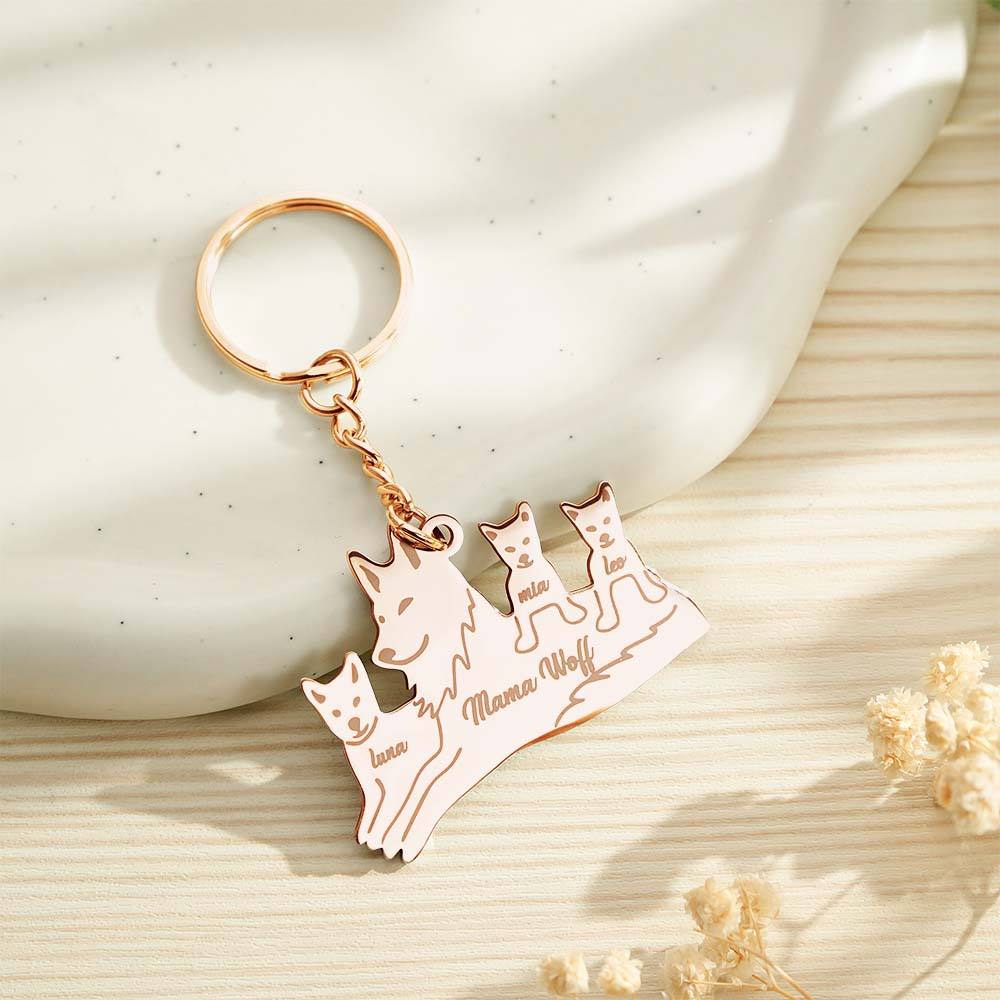Personalised Wolf Keychain with Engraved Family Names Gift for Family