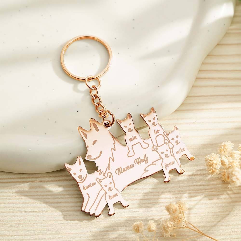 Personalised Wolf Keychain with Engraved Family Names Gift for Family