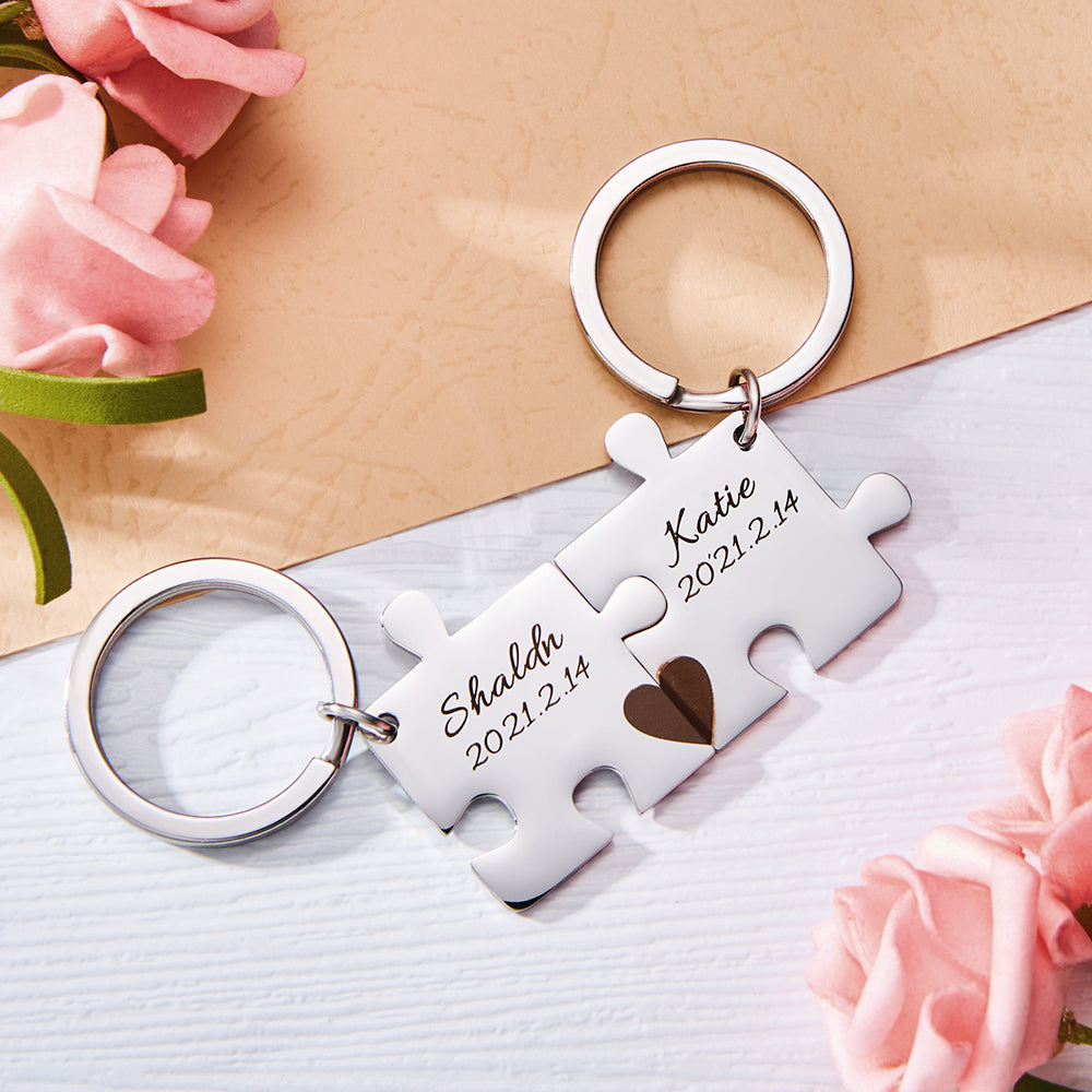 Custom Engraved Couple Keychain Set Personalised Puzzle Key Ring Valentine's Day Gifts Wedding Gifts
