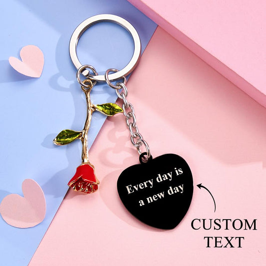 Personalised Rose Pendant Heart Keychain Elegant Flower Key Ring for Her