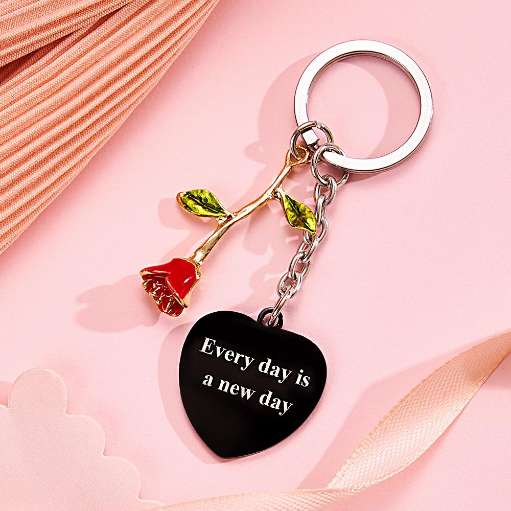 Personalised Rose Pendant Heart Keychain Elegant Flower Key Ring for Her