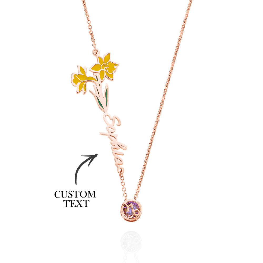 Personalised Birth Flower & Star Sign Name Necklace - Ideal Wedding Gift Birthday Gift