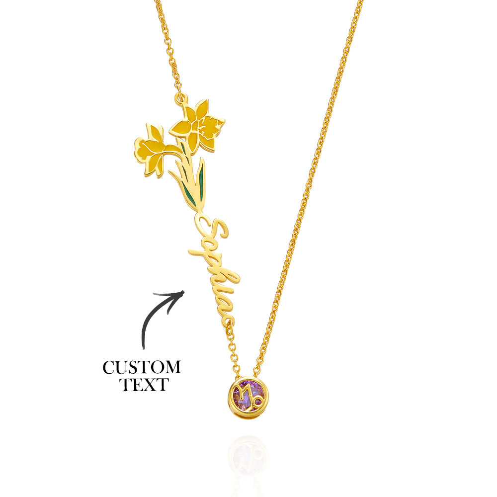 Personalised Birth Flower & Star Sign Name Necklace - Ideal Wedding Gift Birthday Gift