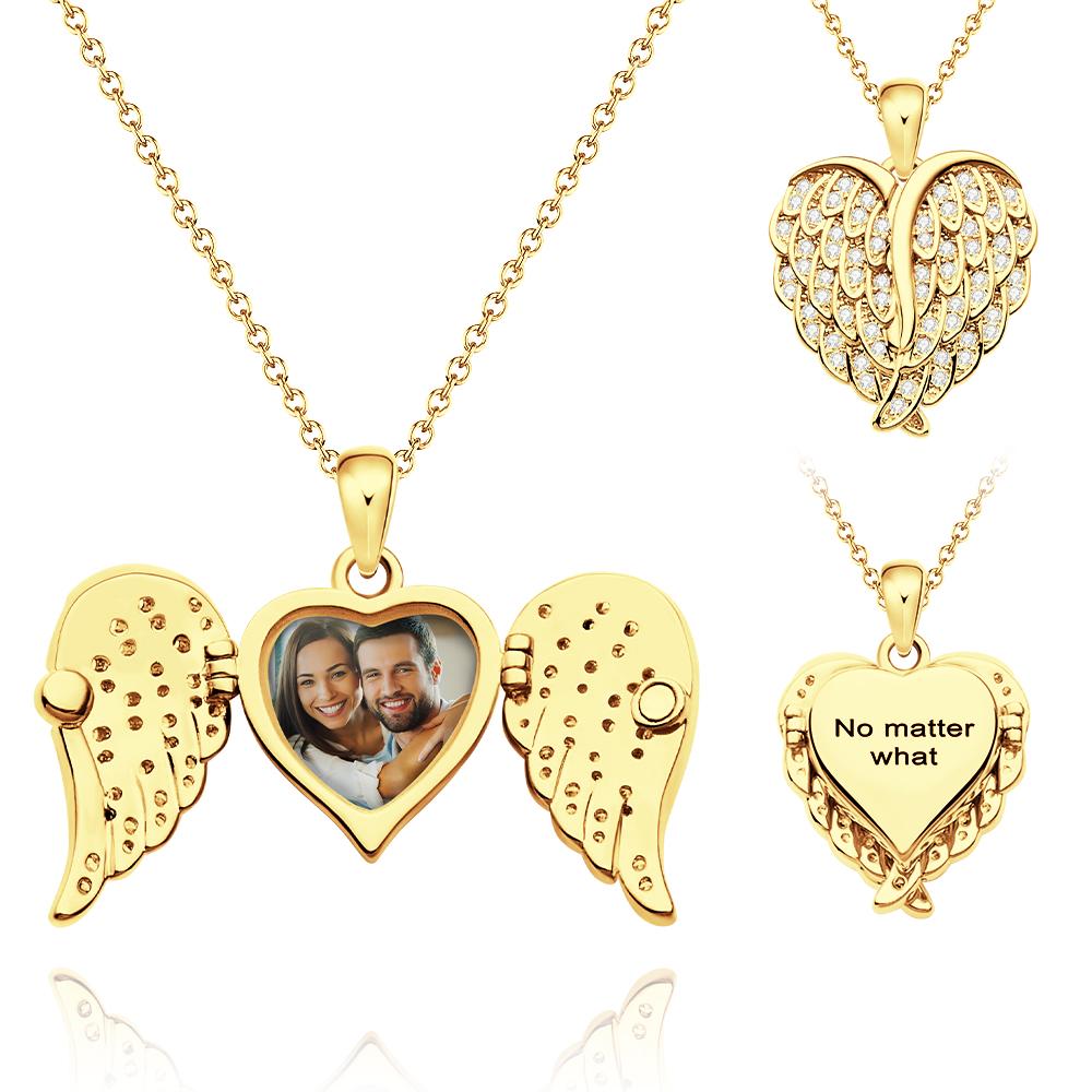 Custom Photo Engraved Necklace Angel Wings Delicate Diamond Gifts
