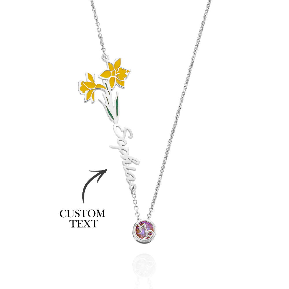 Personalised Birth Flower & Star Sign Name Necklace - Ideal Wedding Gift Birthday Gift