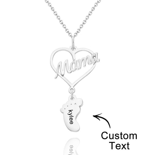 Custom Engraved Name Necklace Love MaMa Heart Baby Feet Charm
