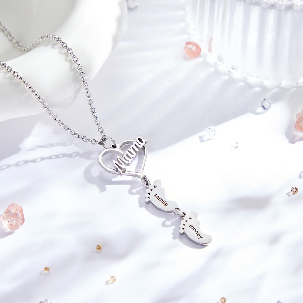 Custom Engraved Name Necklace Love MaMa Heart Baby Feet Charm