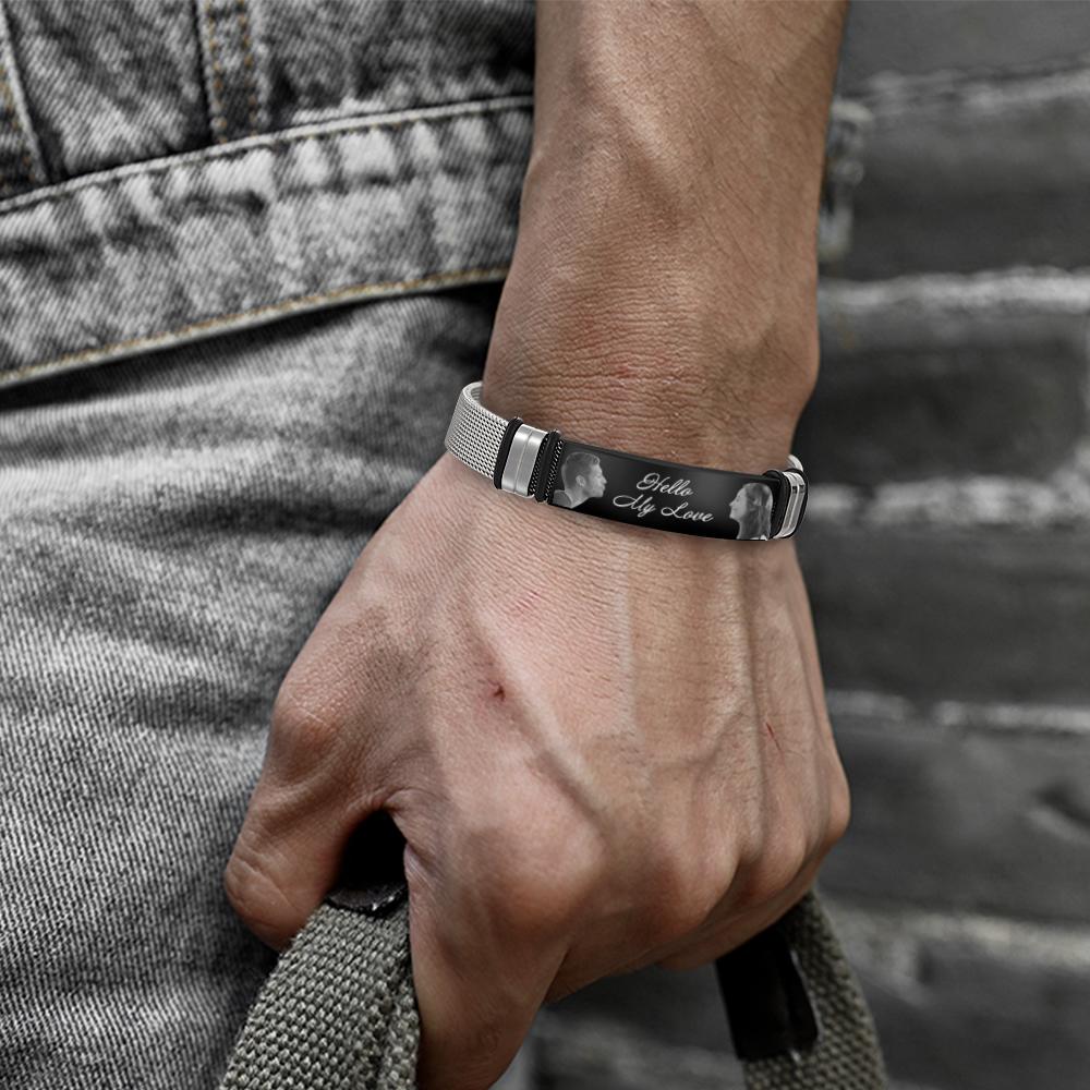 Custom Engraved Mens Bracelet with Two Pictures and Text