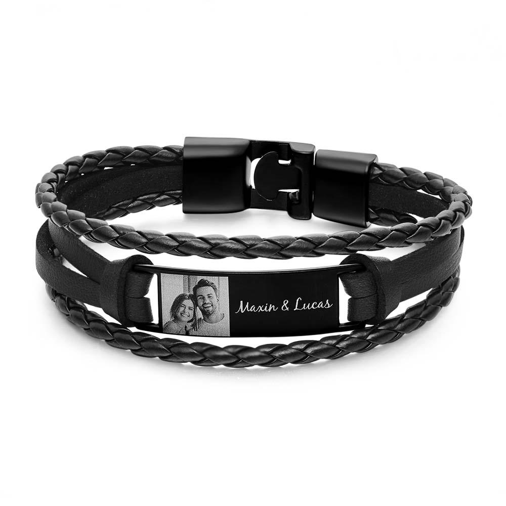 Black braided leather bracelet with a photo and text engraving on a white background