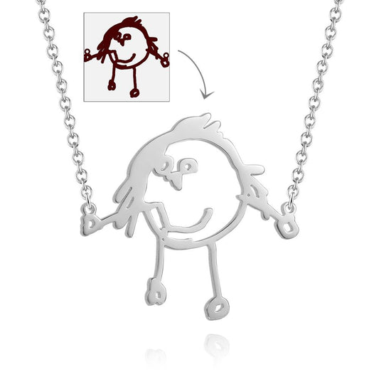Silver necklace with a stick figure pendant resembling a child's drawing, on a white background.